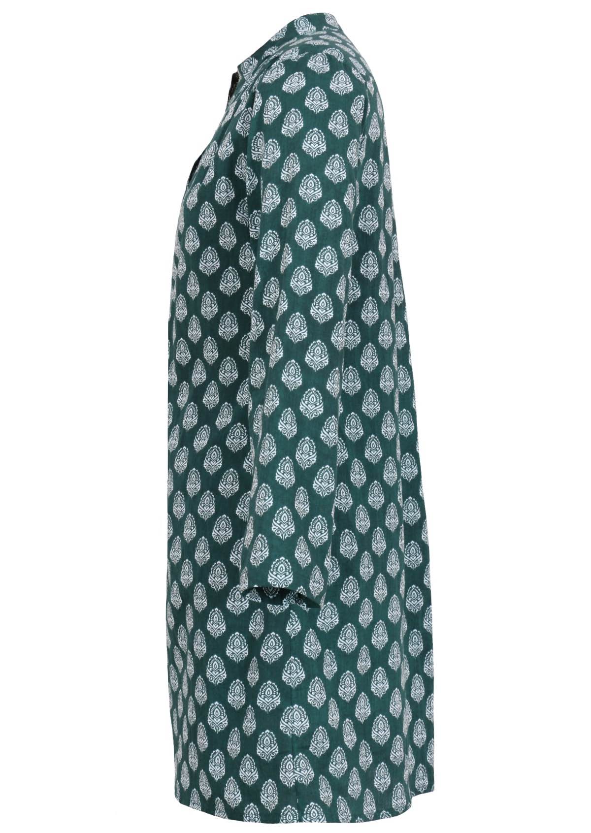 Long sleeve cotton tunic with white floral pendant print on dark green base