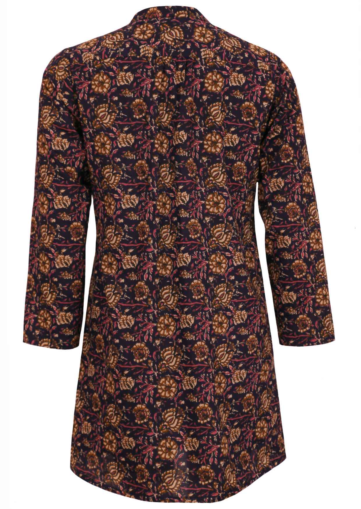 Back image of cotton long sleeve tunic in dark purple with small gathers in centre of back.