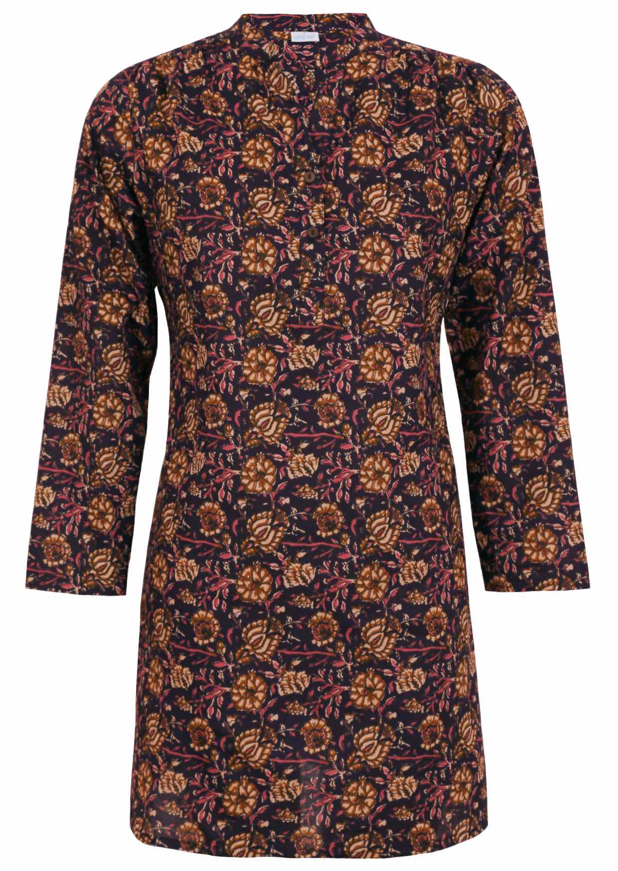 100% cotton long sleeve shirt style tunic with mandarin collar and buttons.
