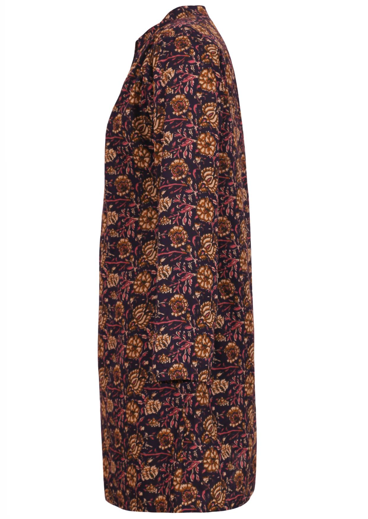 Long sleeve cotton tunic with beautiful pink and cream florals on dark purple base.