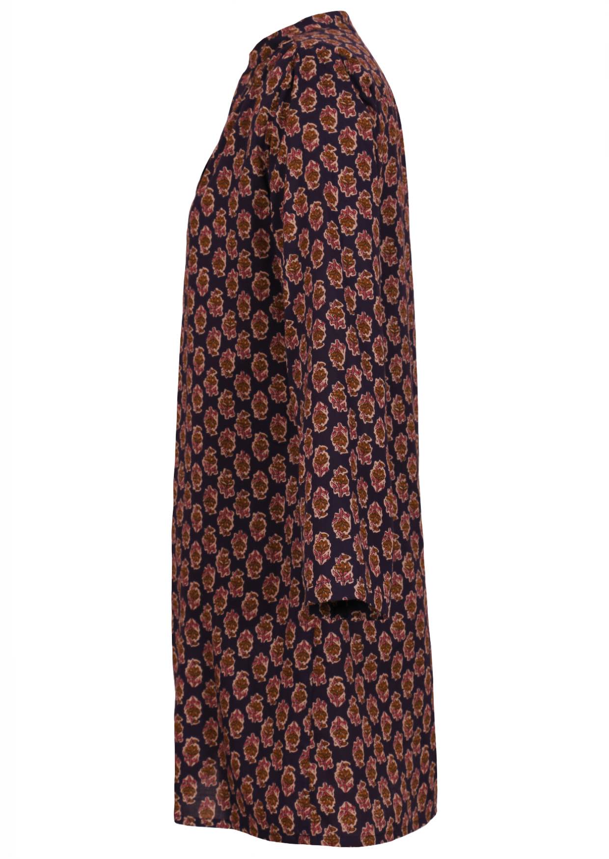100% cotton A line tunic with long sleeves in dark purple based indian floral print.