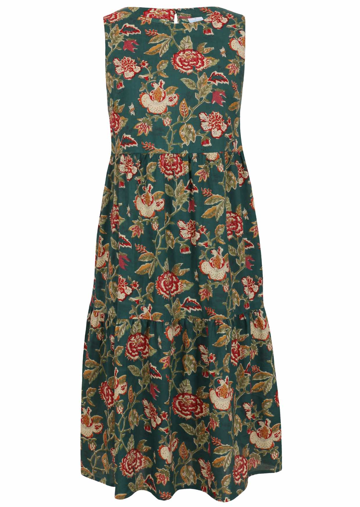 Front mannequin photo of cotton sleeveless three tiered dress in floral print on a bottle green base