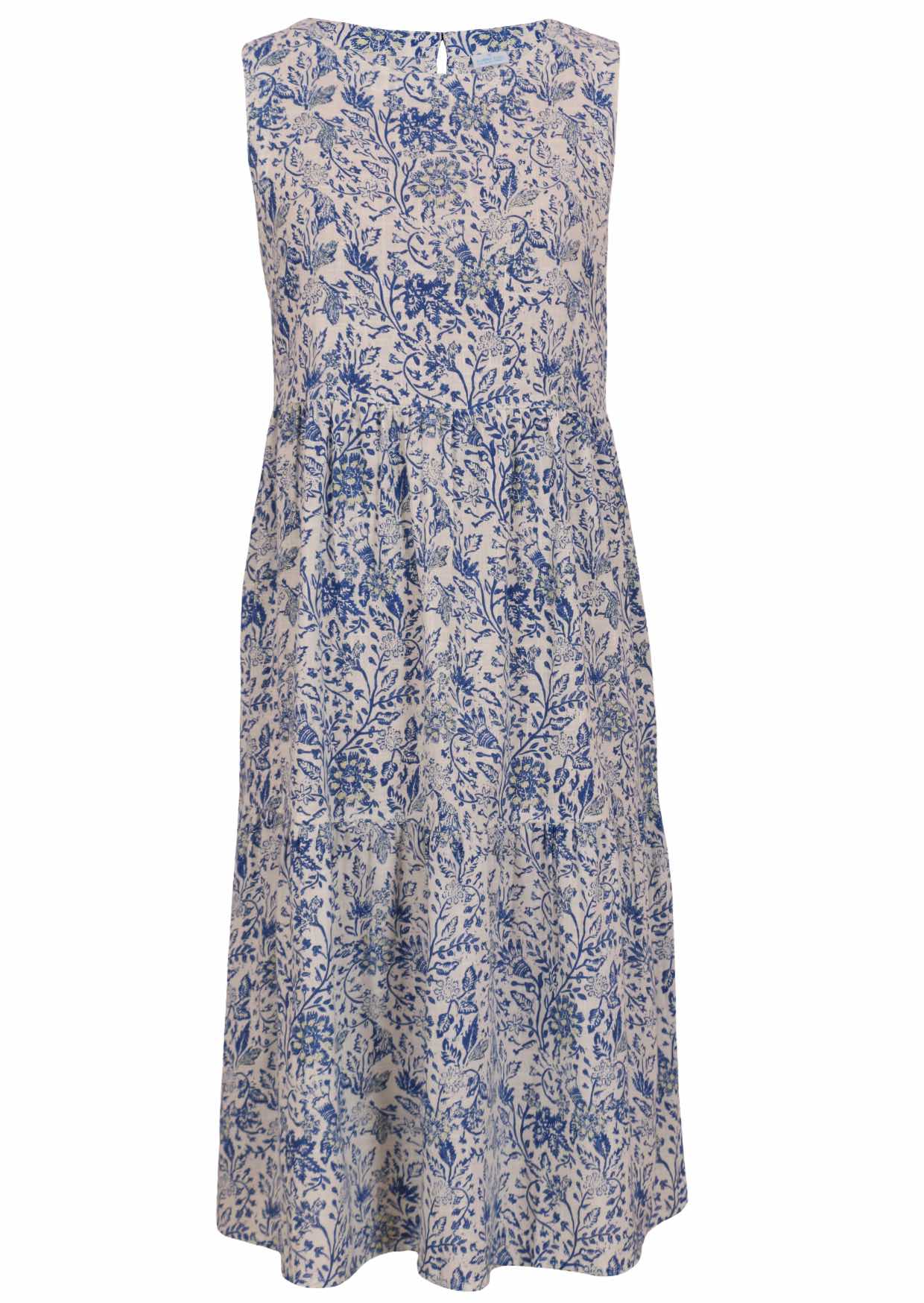 white based blue floral print cotton dress on a white background.