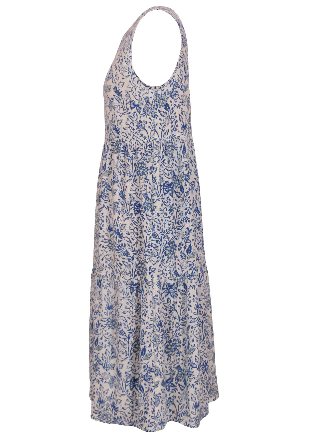 white based blue floral print cotton dress on a white background.
