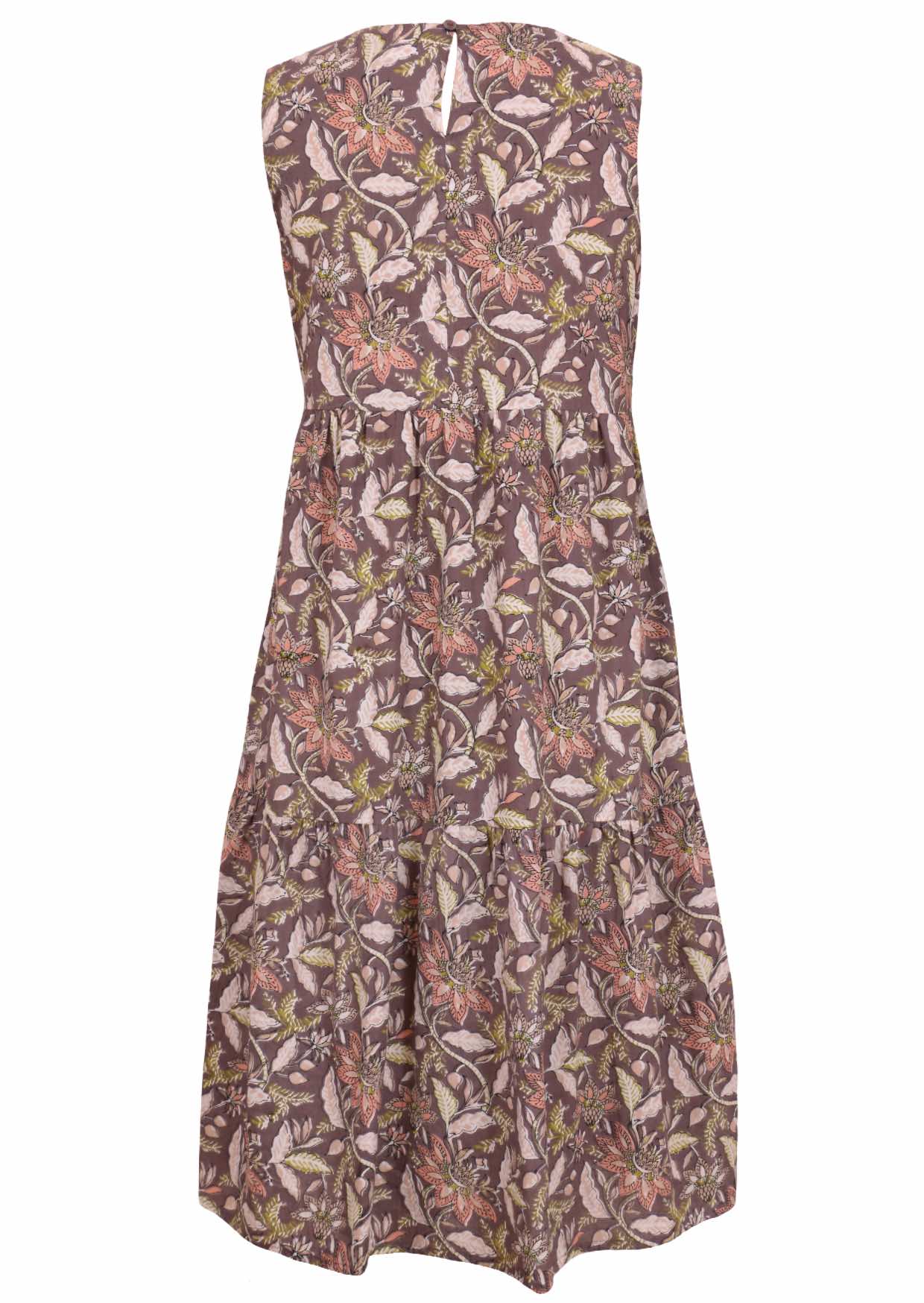 Light brown floral print sleeveless cotton dress with round neckline, tiered skirt and pockets