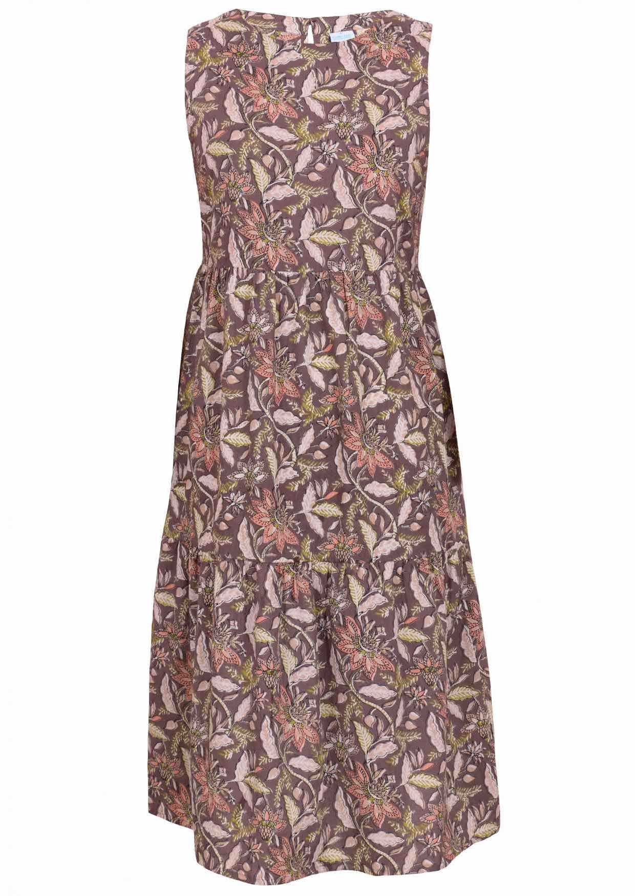 Sleeveless 100% cotton midi length dress in light brown with delicate floral print in light pink, green and beige