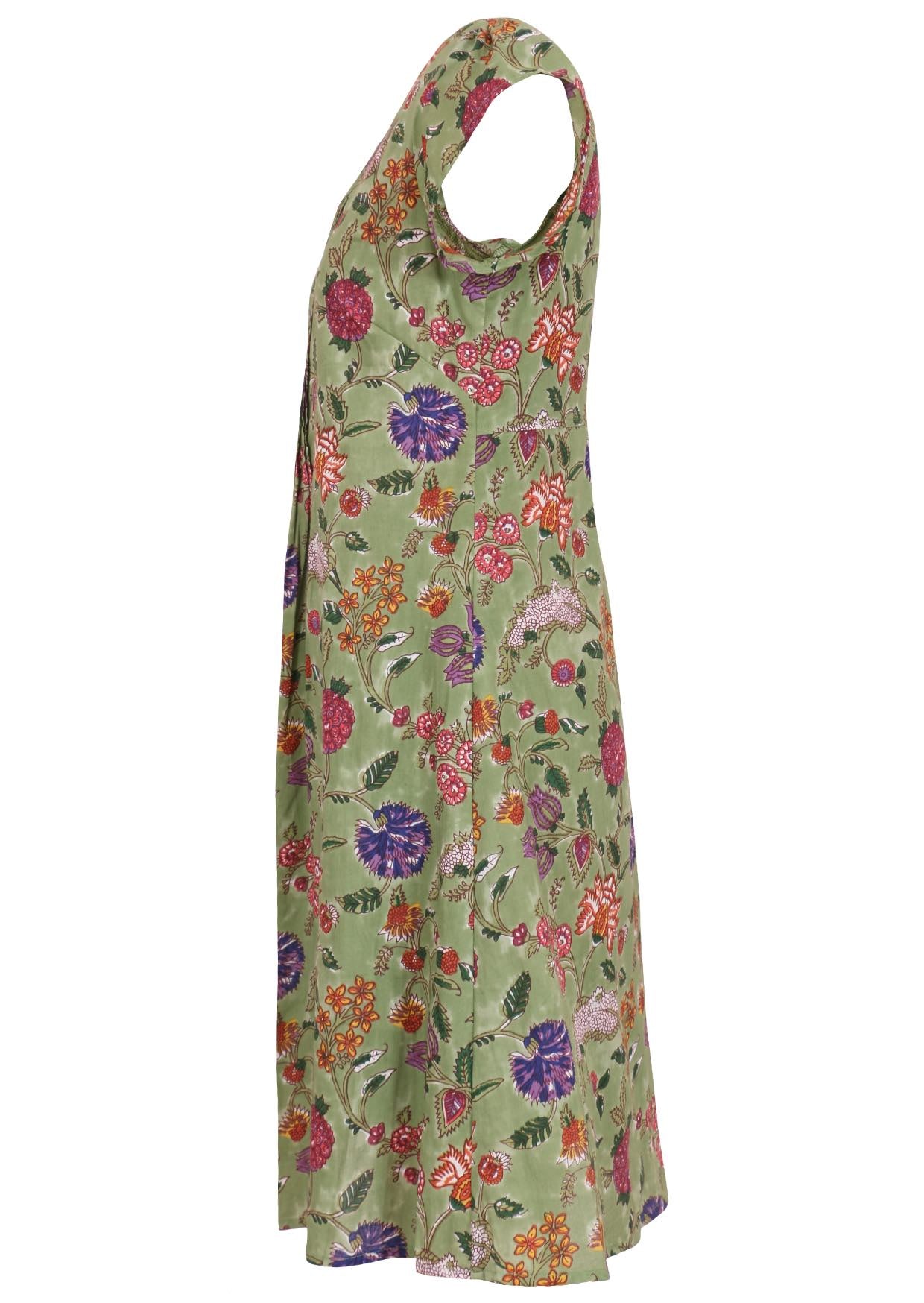 Green based multi-coloured folk art style florals print, above the knee cotton dress.