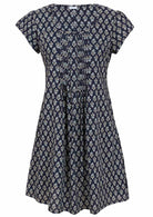 Navy blue cotton dress with tiny pleats beneath the round neckline, cap sleeves, fitted bodice and A-line skirt shape