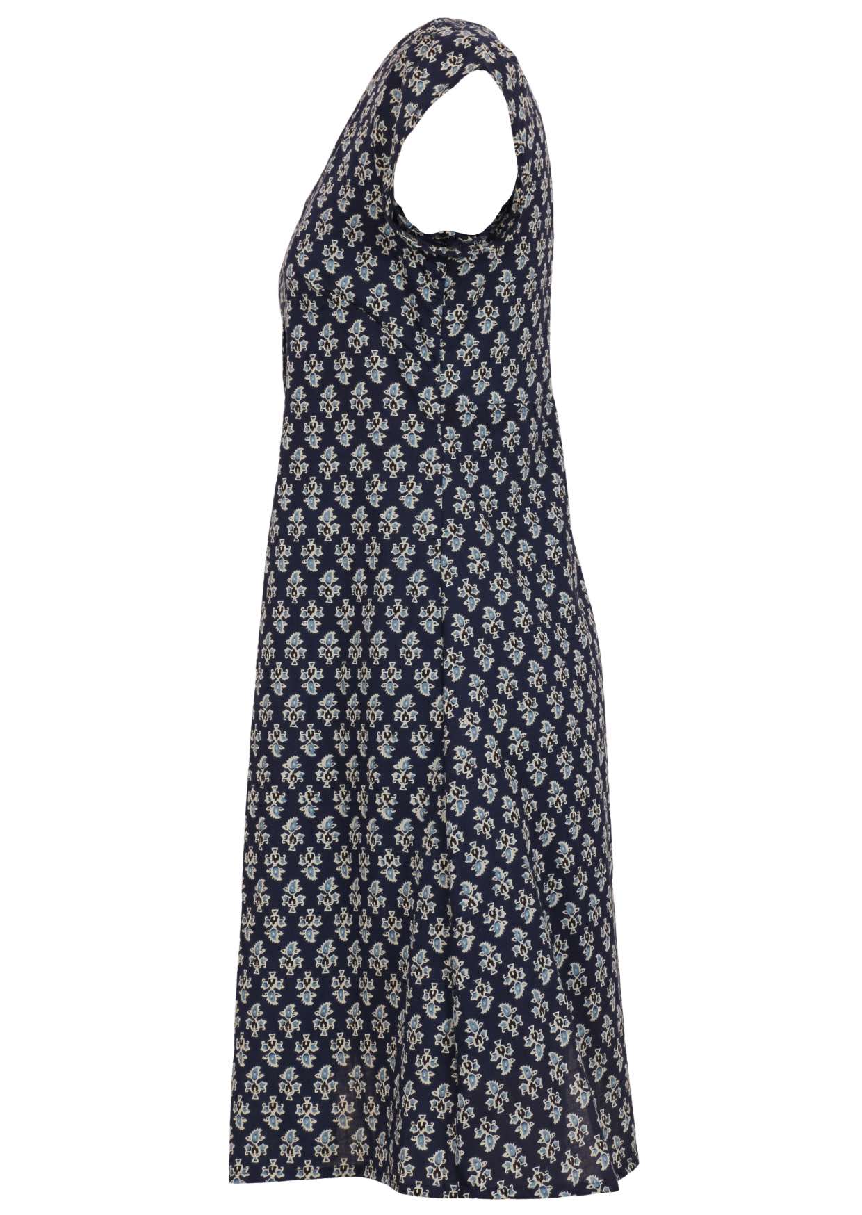 Side view of 100% cotton knee length navy blue floral print dress with cap sleeves, round neckline and fitted bodice