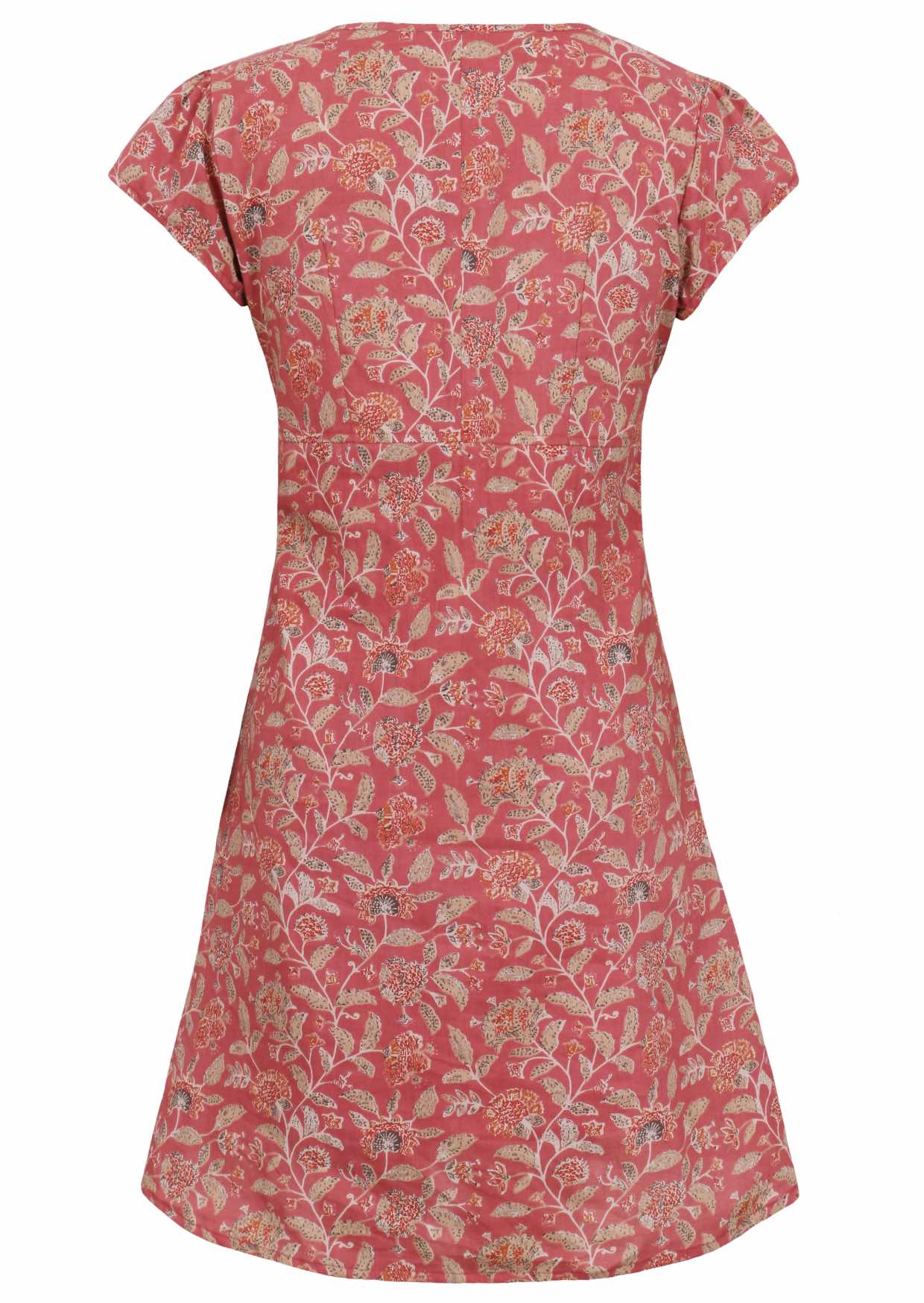 Back mannequin photo of cotton above knee dress in rose pink based vintage floral print.