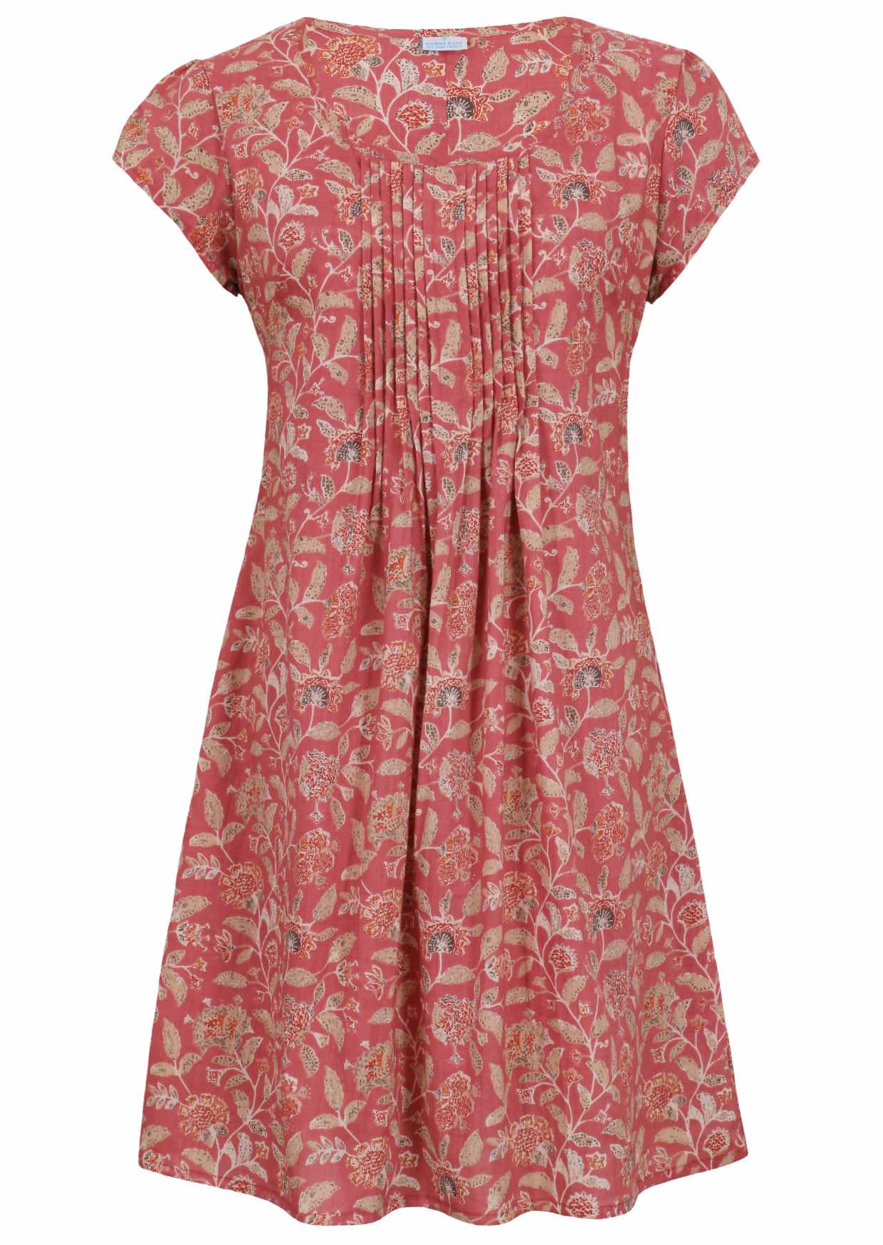 Front mannequin photo of cotton above knee dress in rose pink based vintage style floral print.