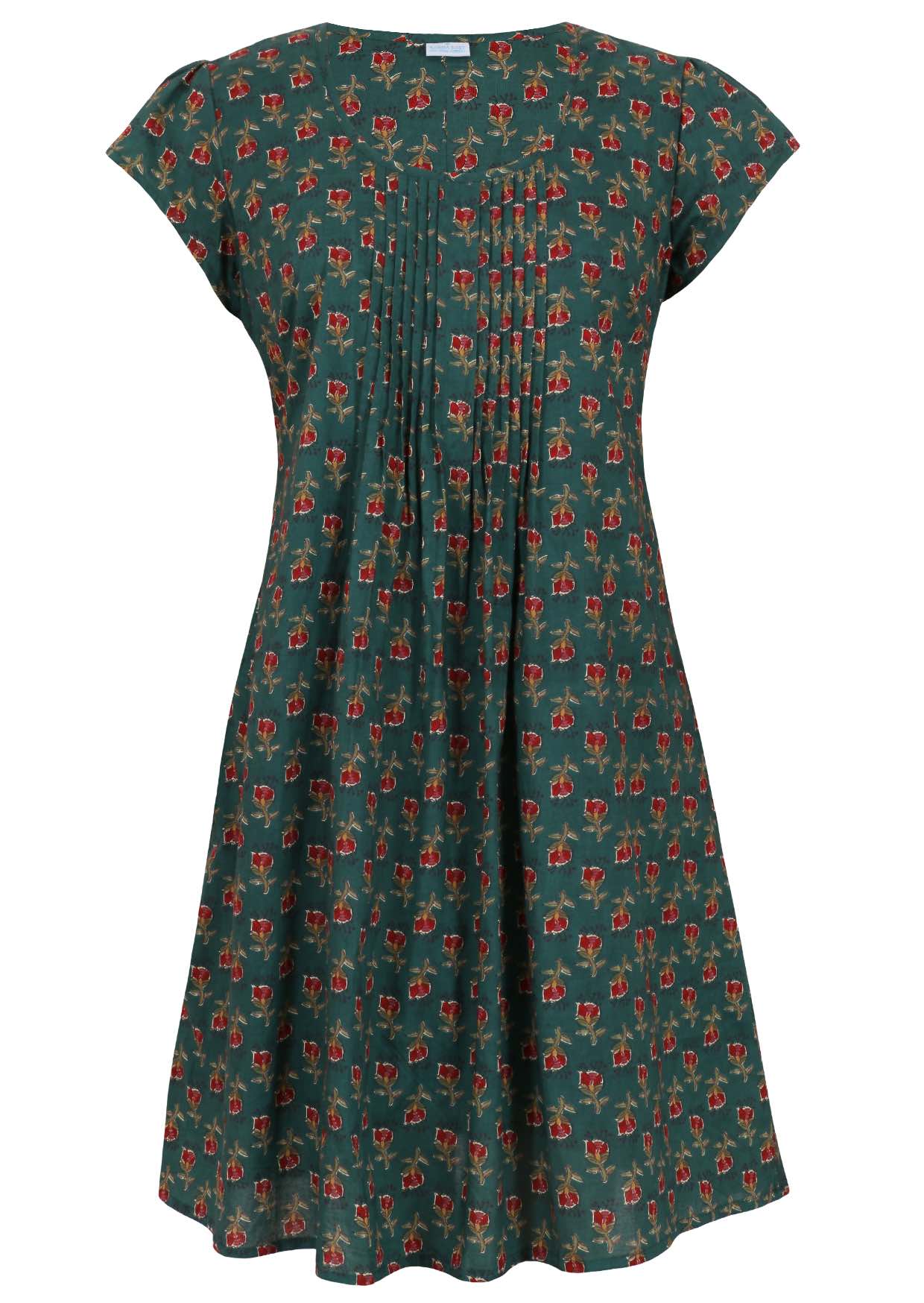 Front mannequin photo of cotton above knee dress with floral motifs in a bottle green base.