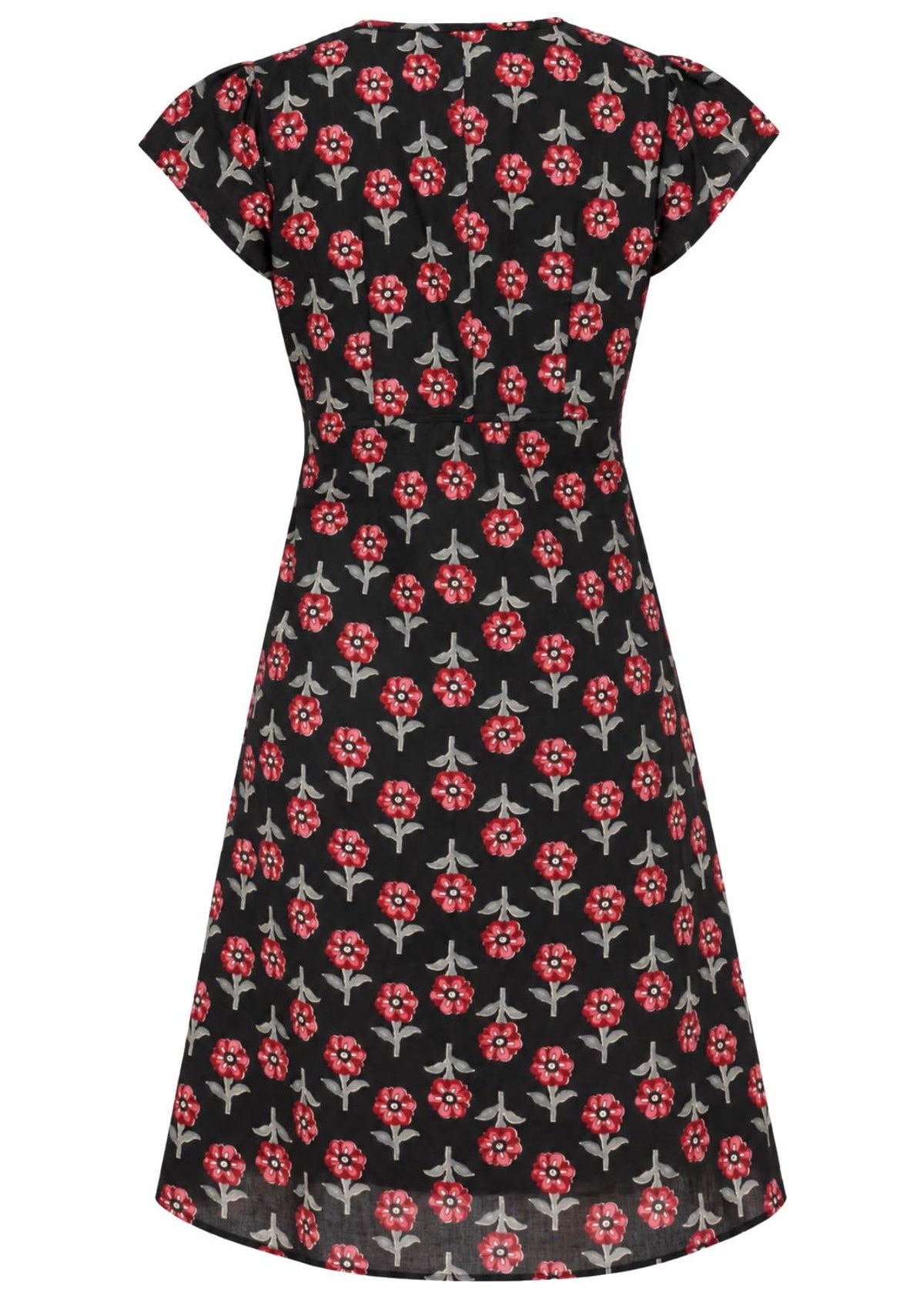 Back mannequin photo of cotton above knee dress in black based floral print.