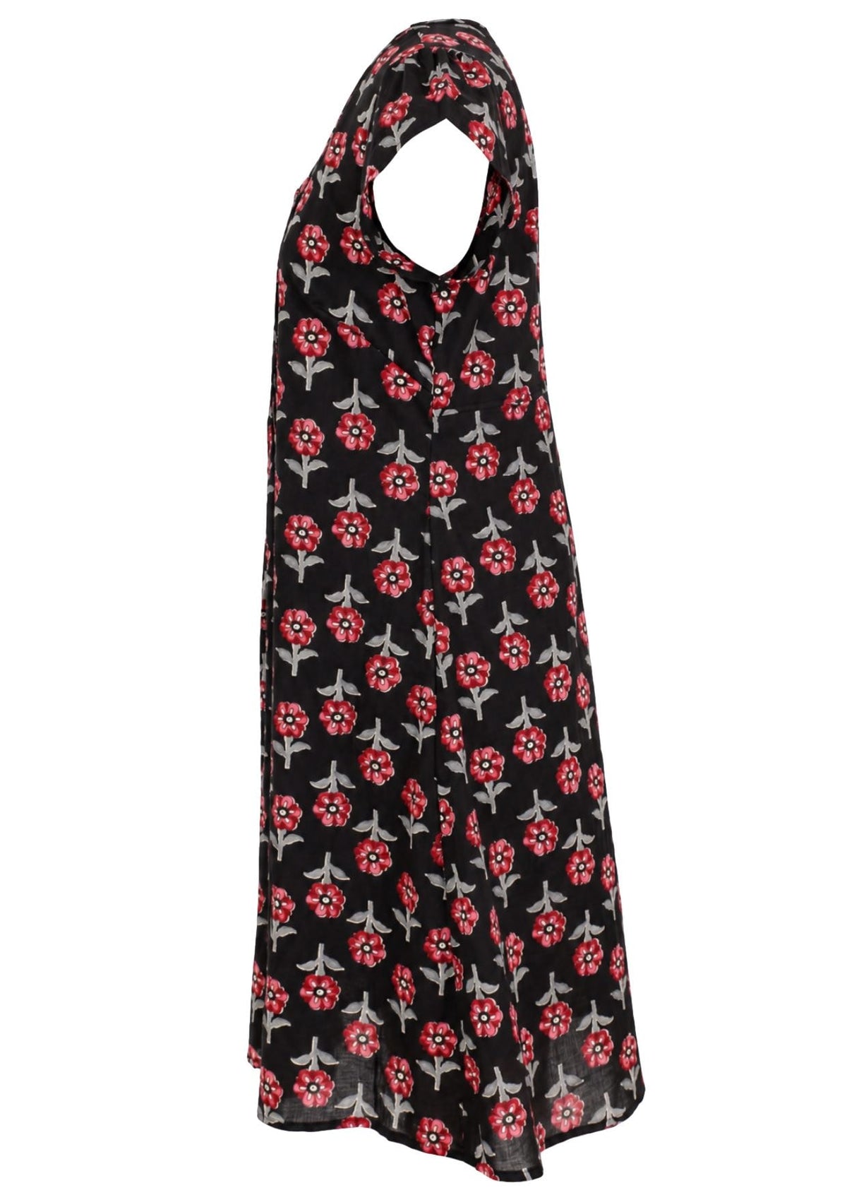 Side mannequin photo of cotton above knee dress with cap sleeves.
