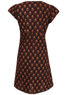 Above the knee length cotton dress with short capped sleeves and round neckline.