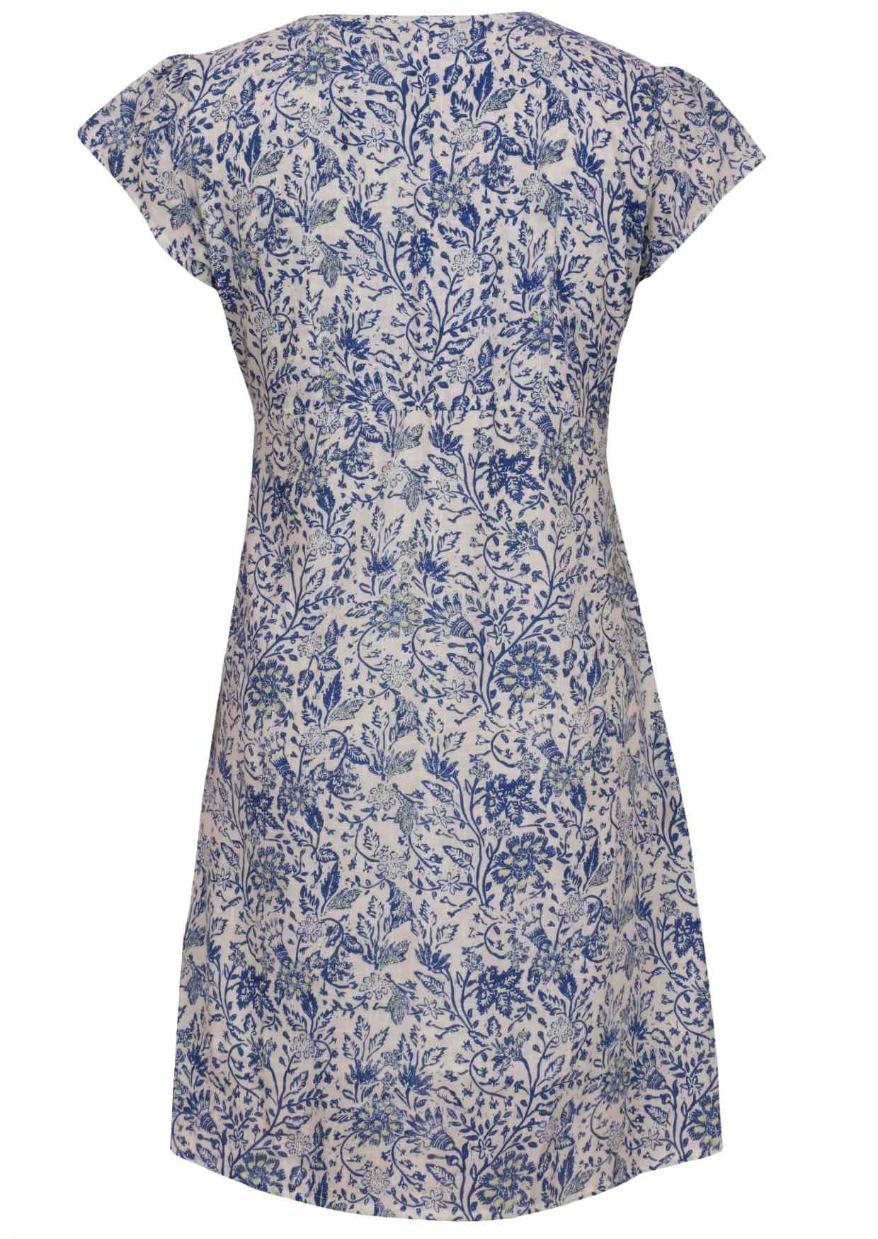 White based blue floral print cotton dress on a white background.