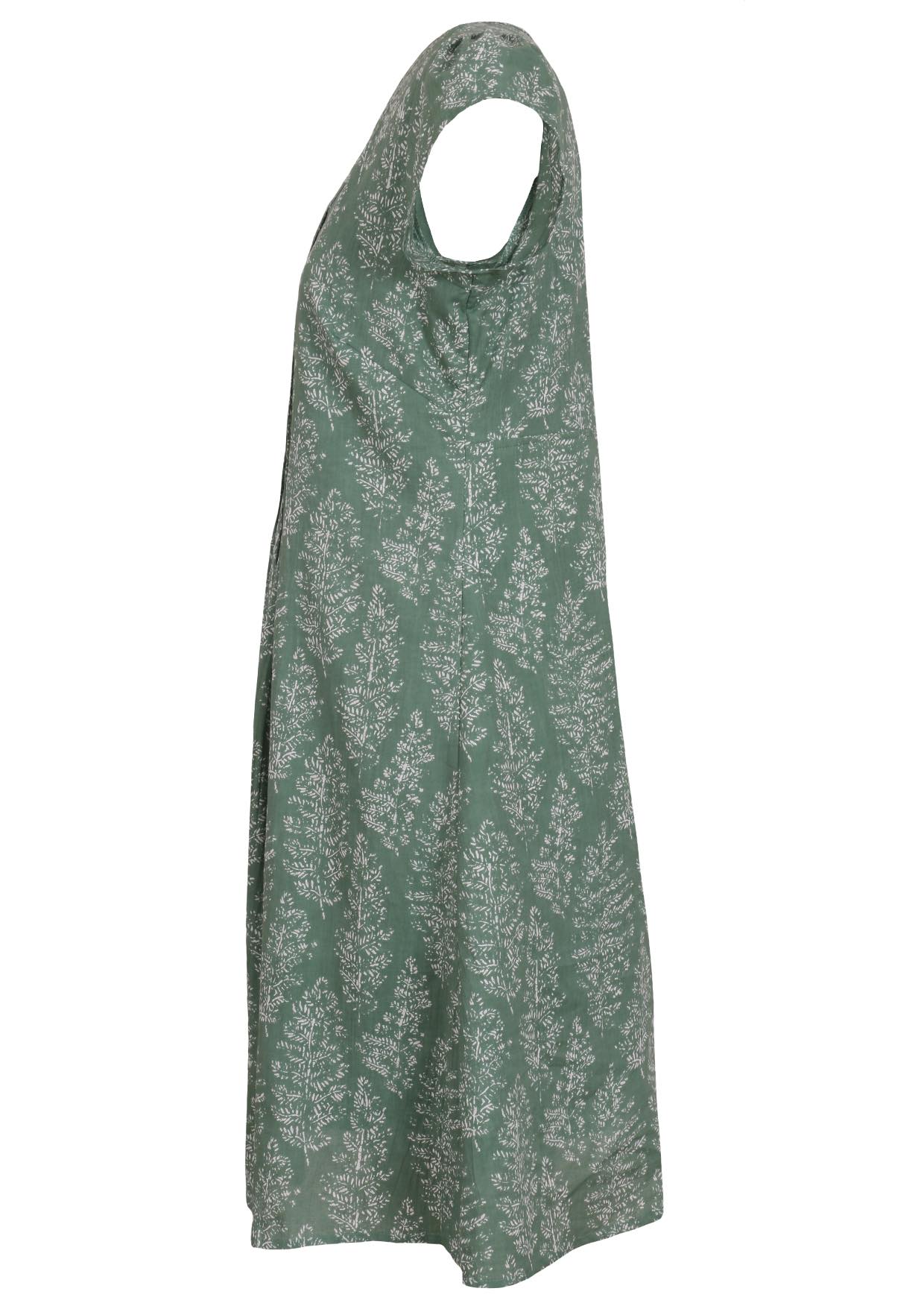 Side mannequin photo of cotton above knee dress with cap sleeves.