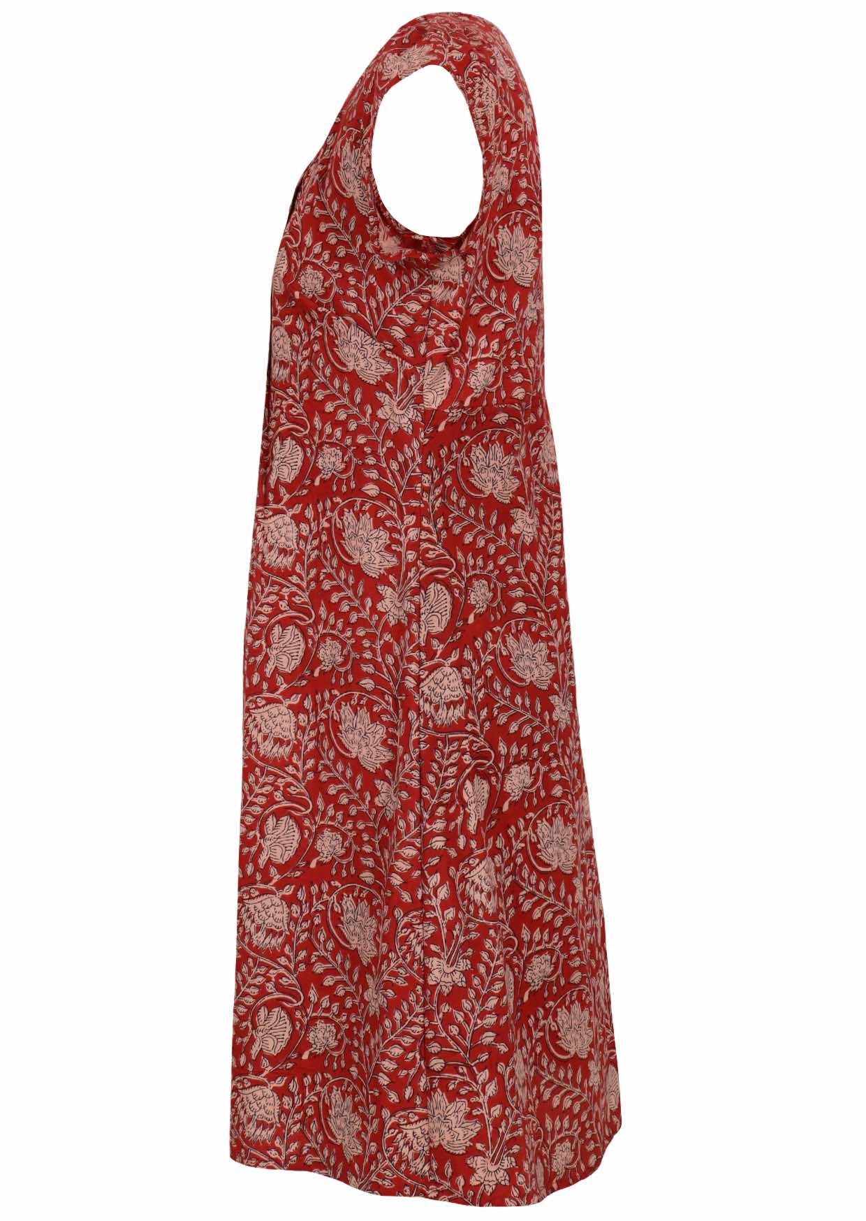 Side mannequin photo of cotton above knee dress with cap sleeves.