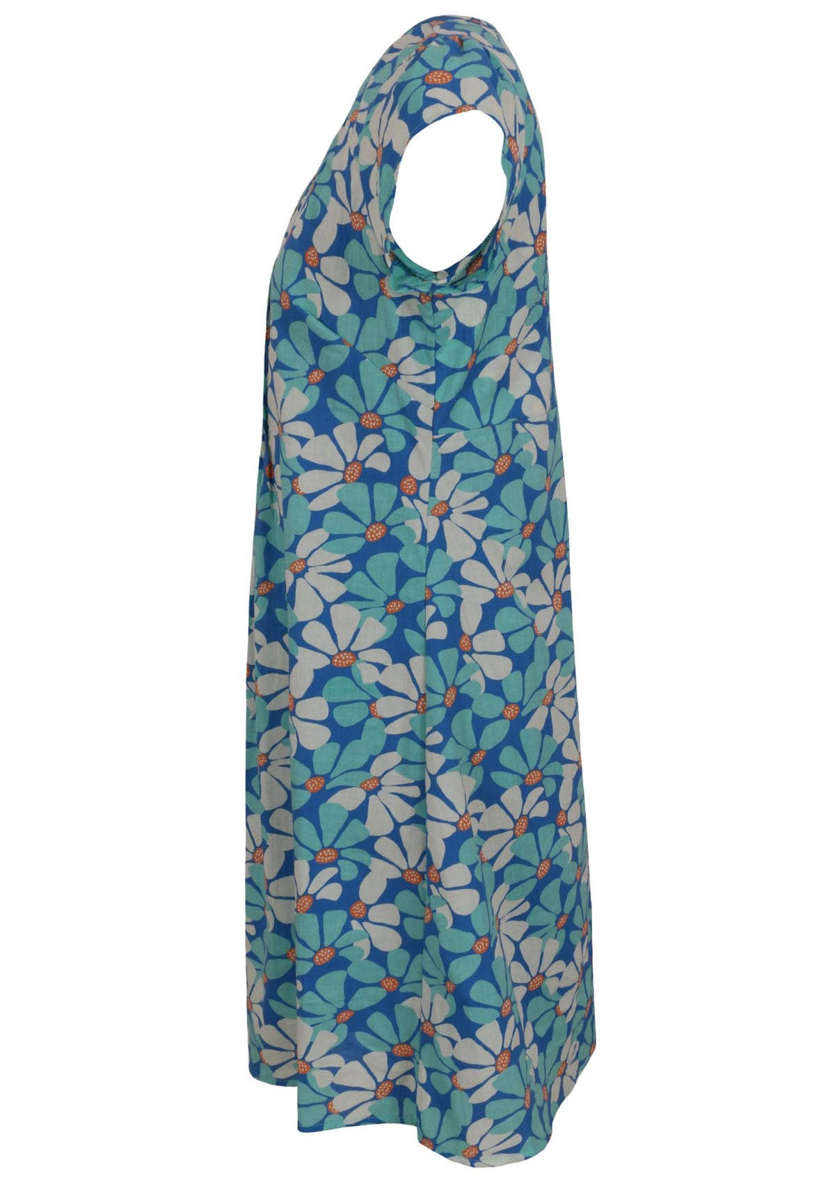 Side mannequin photo of cotton above knee dress with cap sleeves, in blue and aqua daisy print