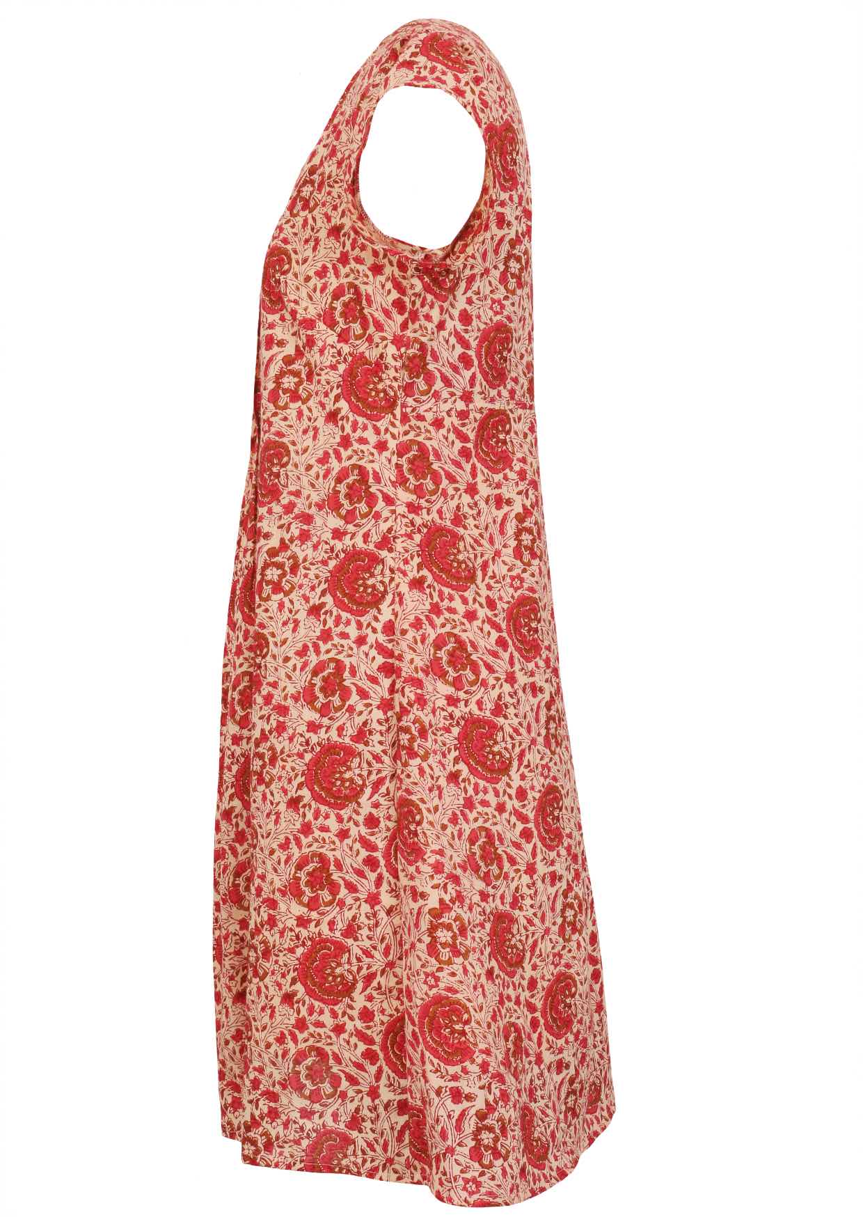 Side mannequin photo of cotton above knee dress with cap sleeves.