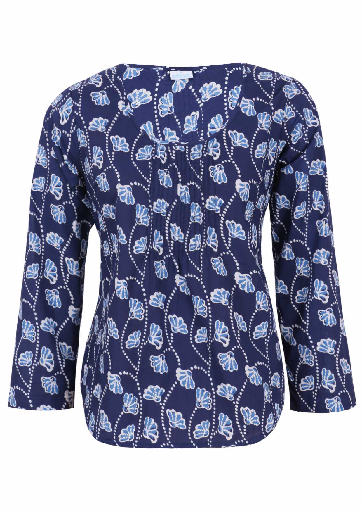 Lightweight 100% cotton top showcasing a simple round neckline, long sleeves and pleats across the bodice.