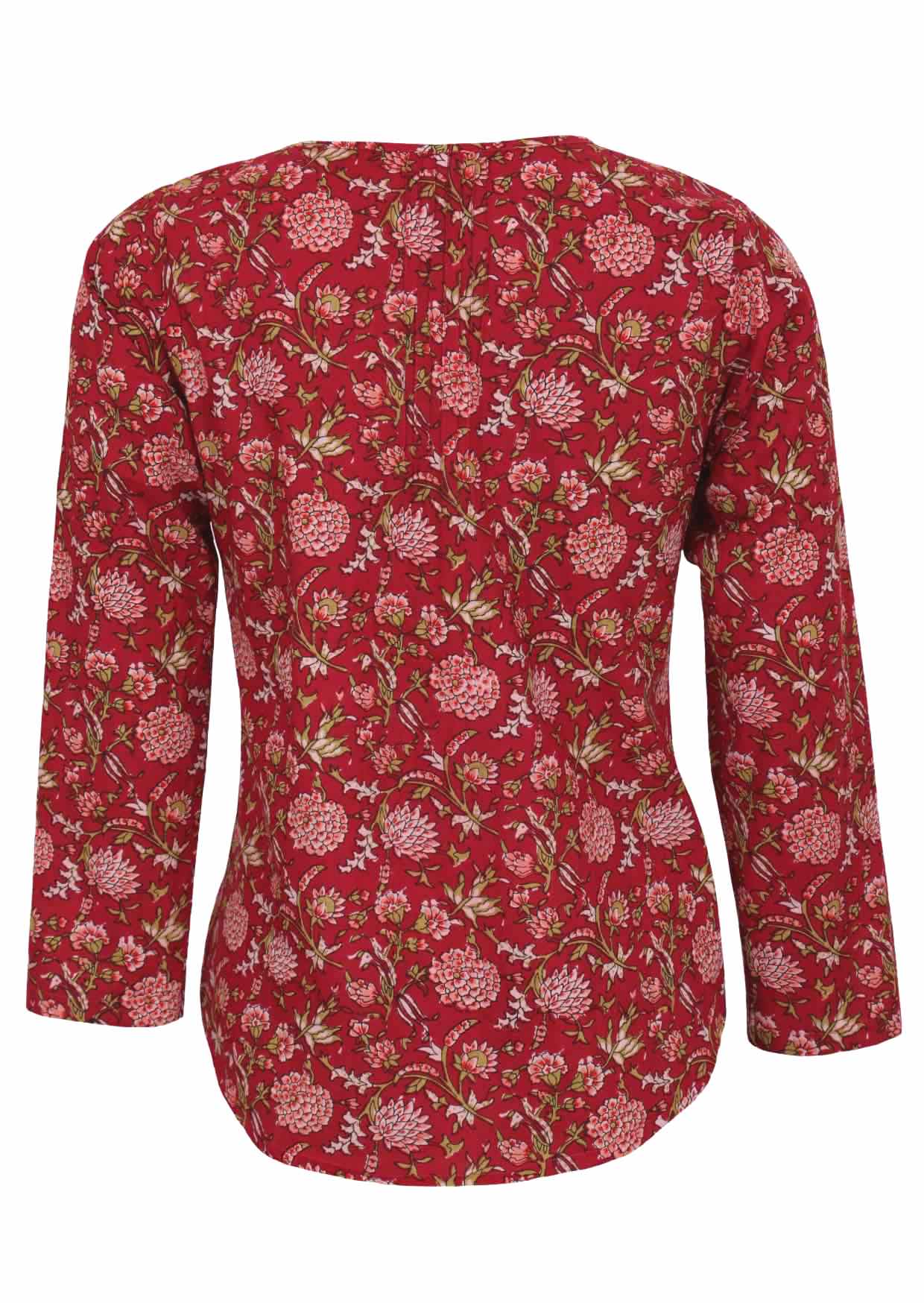 100% lightweight cotton top with long sleeve and red cranberry base.