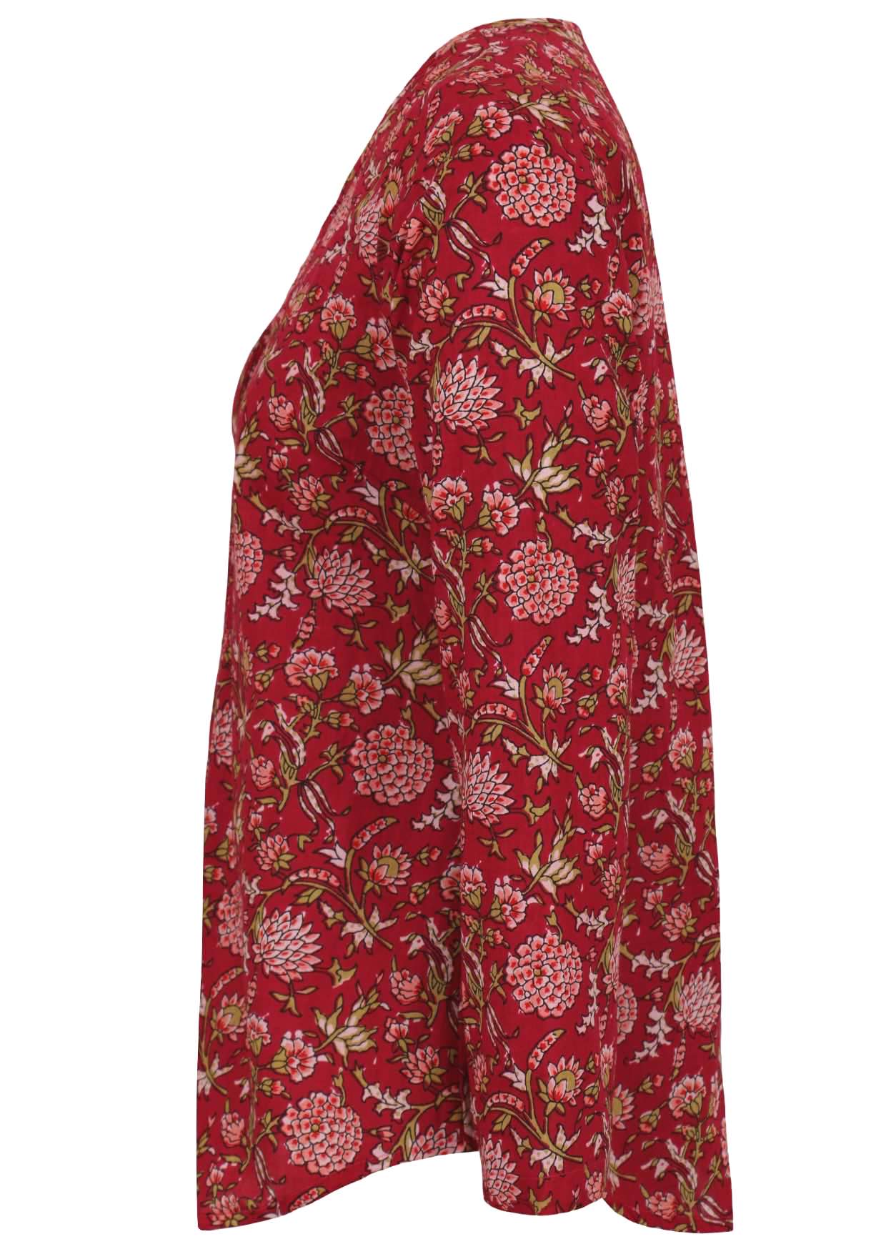 Side image of long sleeve cotton top with bright red base.