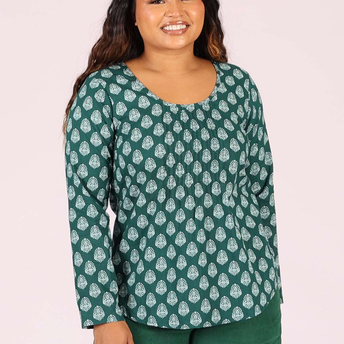 Long Sleeve Cotton Top Green Karma East Australia