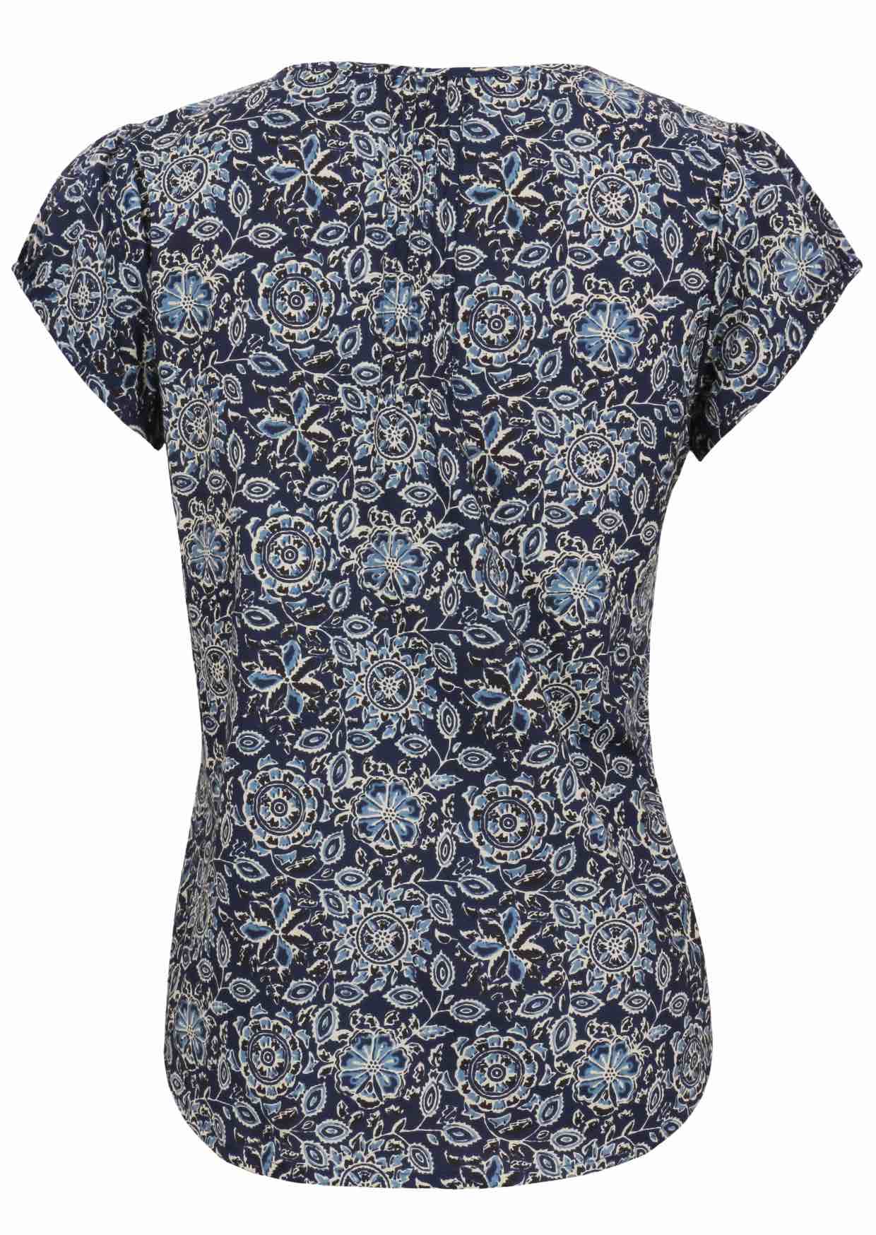 Back view of navy blue based floral print cotton top on a white background.