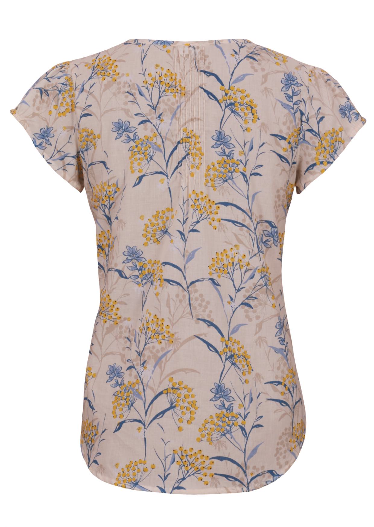Back view of neutral based floral print cotton top on a white background.