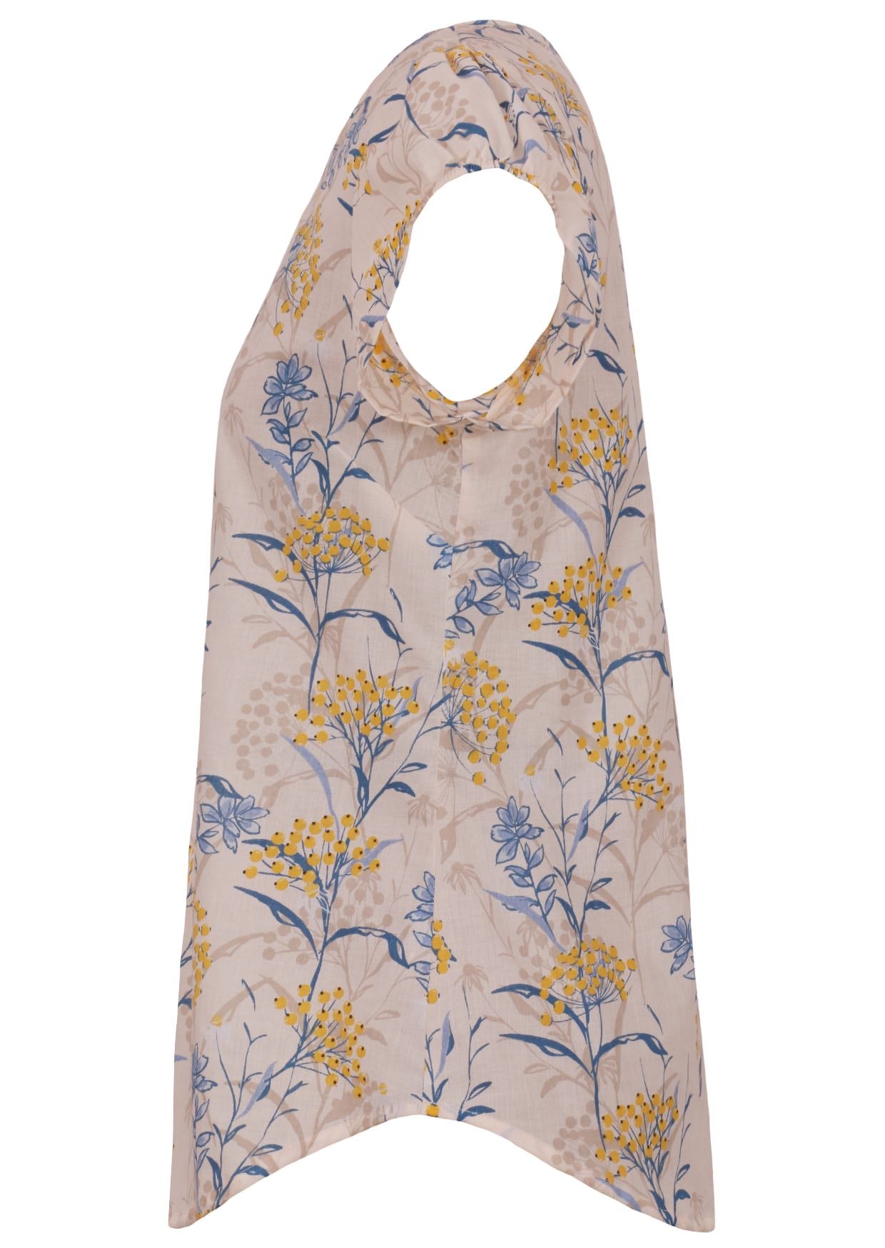Side view of neutral based floral print cotton top with cap sleeves.