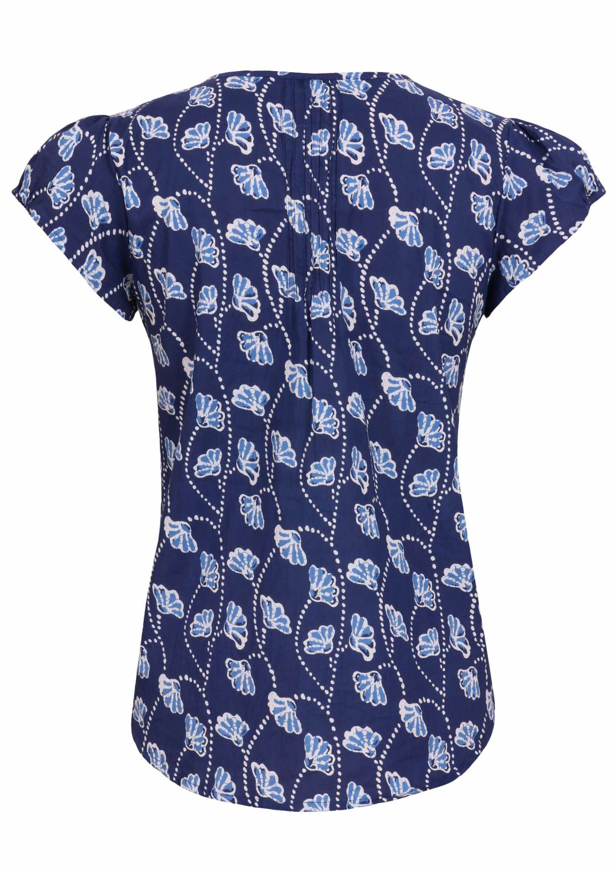 Back image of short sleeve cotton top with navy blue based floral print.