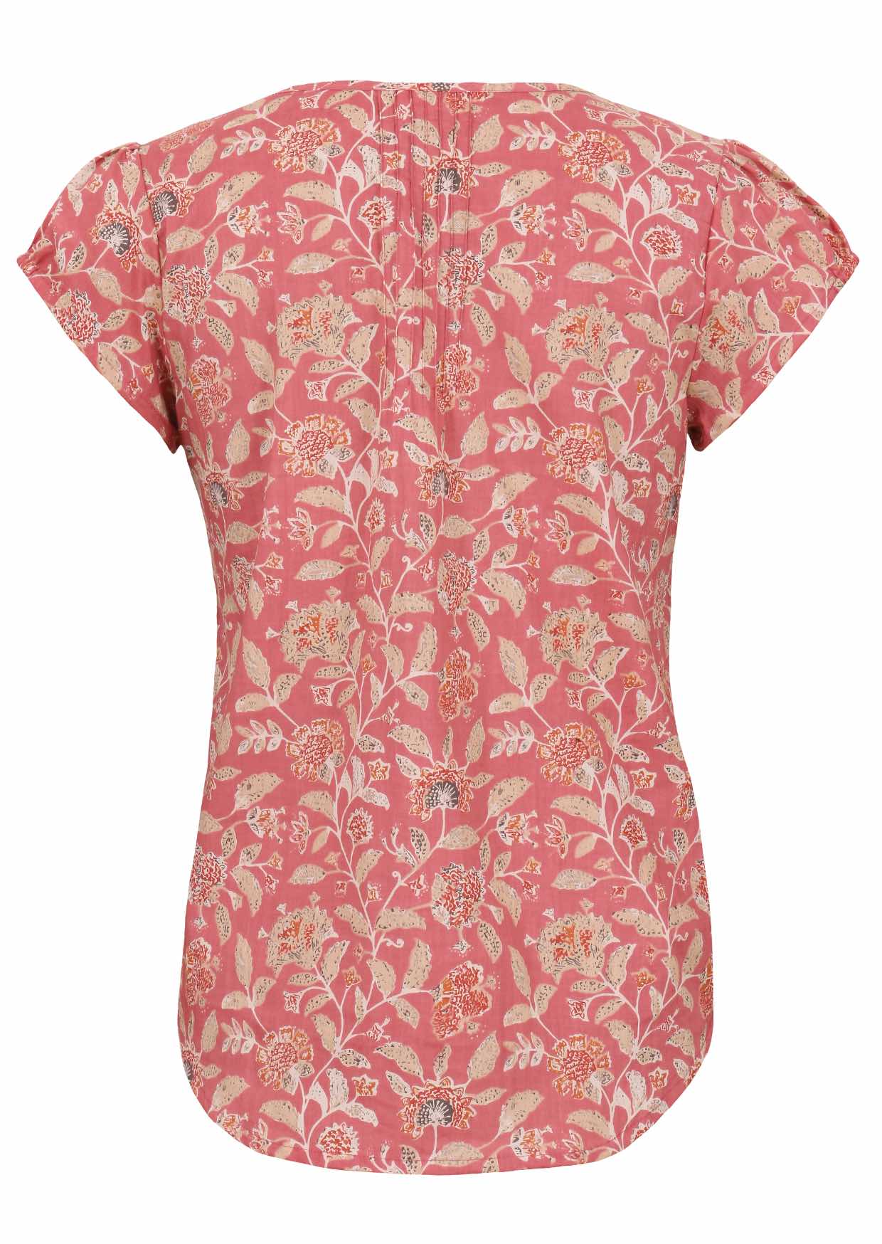 Back view of rose pink based vintage style floral print cotton top on a white background.