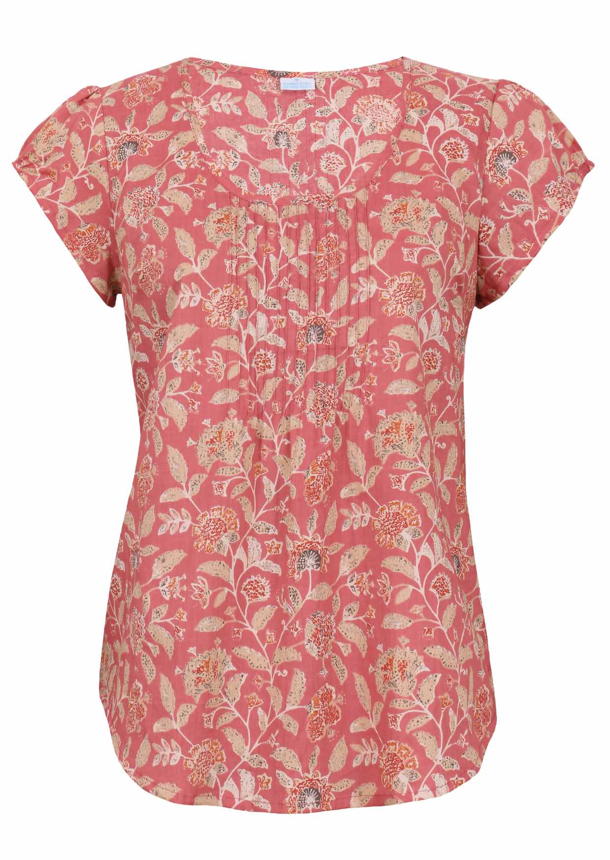 Rose pink based vintage style floral print cotton top with U-shaped neckline.