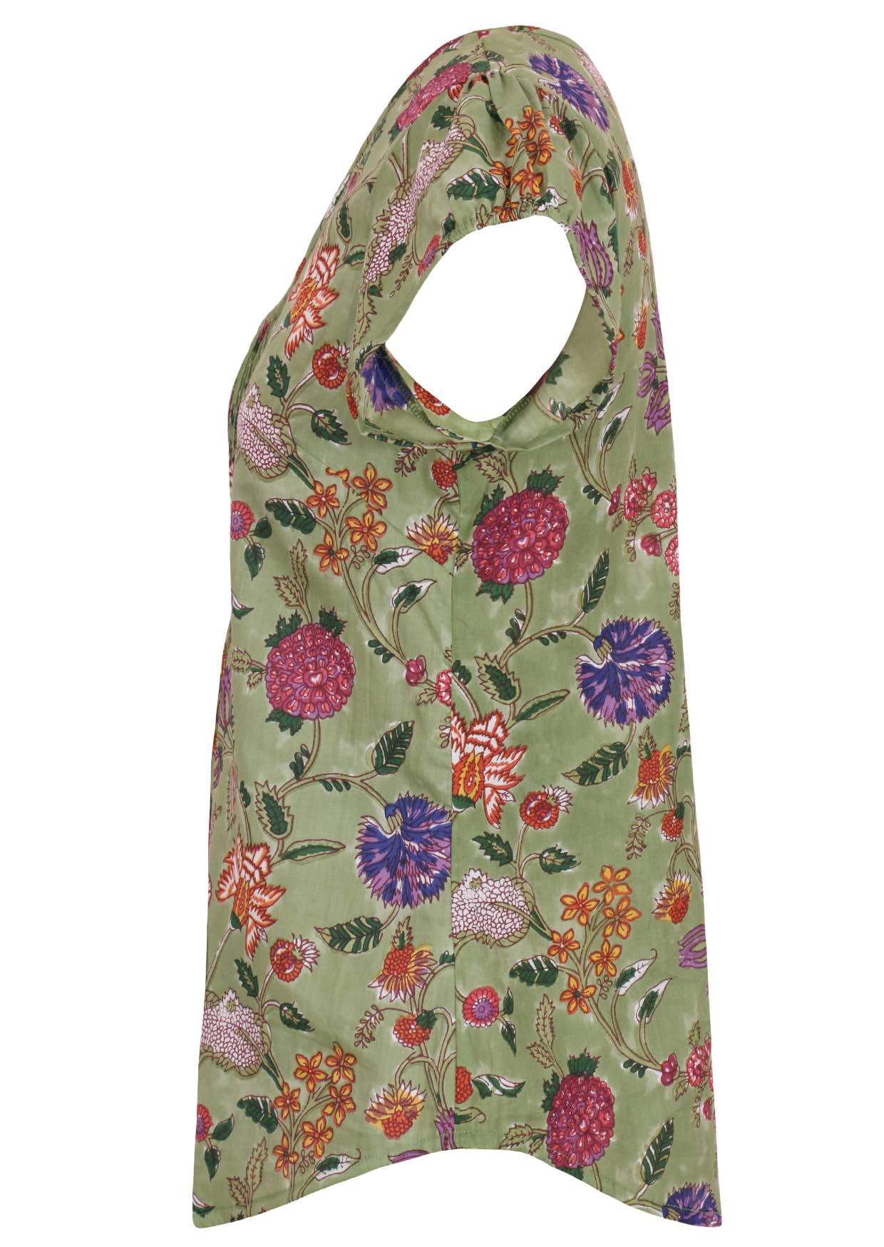 Green base with multi-coloured folk art style floral print cotton top on a white background.