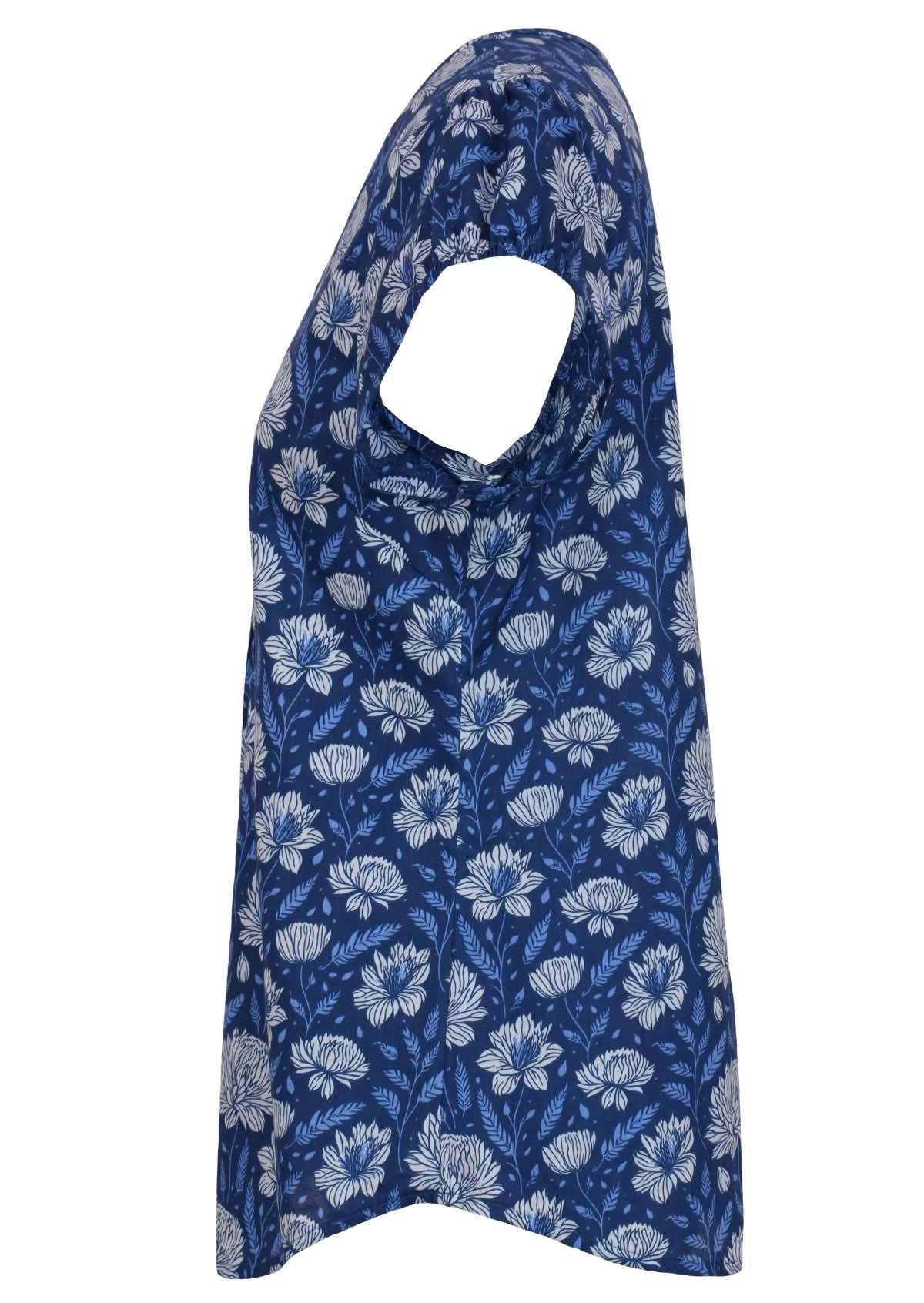 100 percent cotton navy floral blouse with scoop neck cap sleeves side
