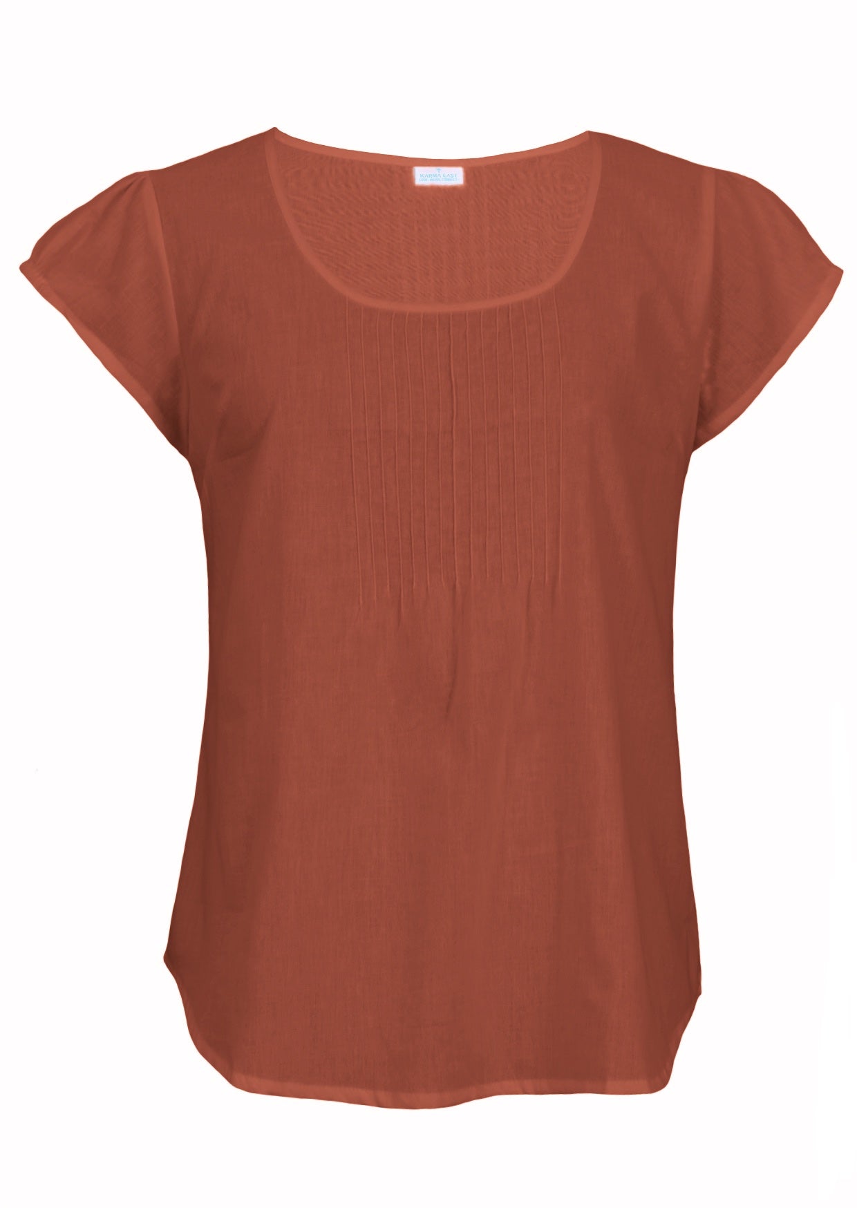 Rust orange 100% cotton short sleeve top with scoop neckline and tiny pleated detail across the bust.