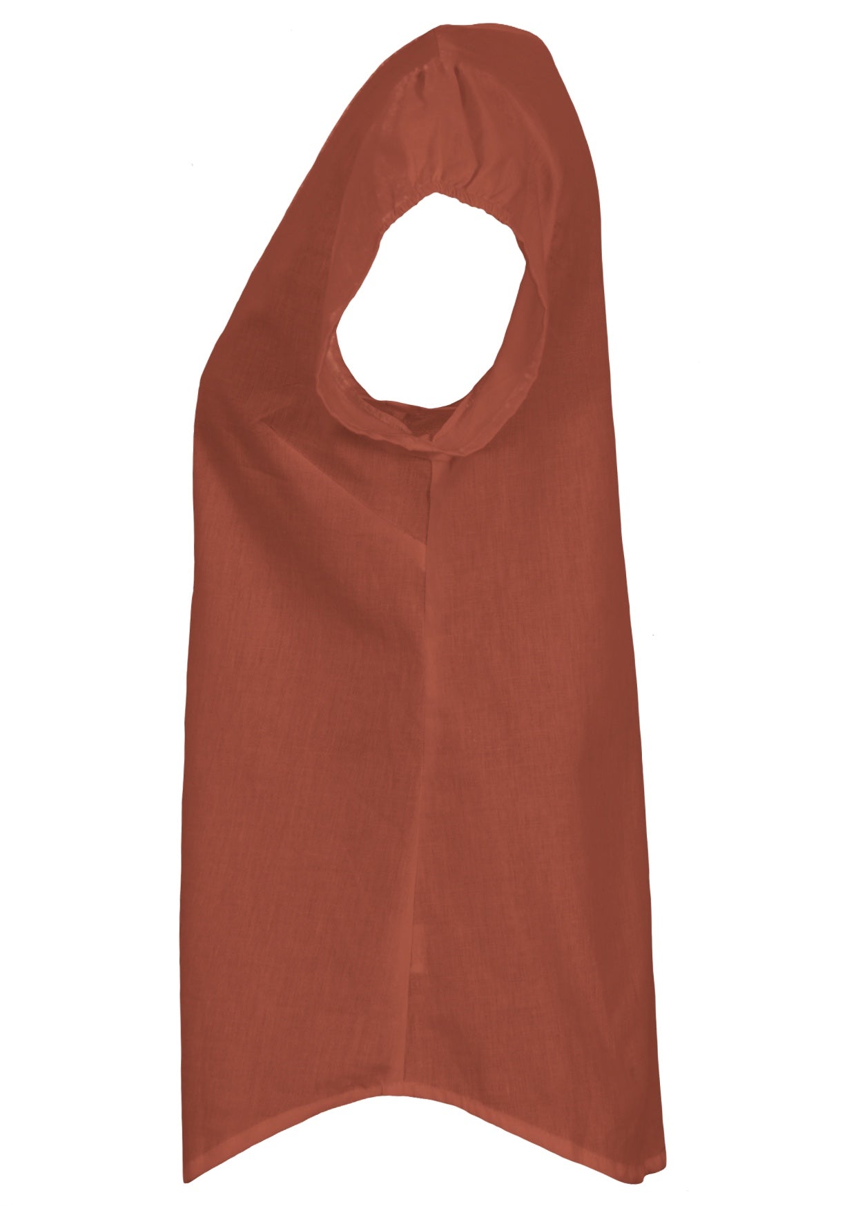 Side view of cotton cap sleeved top with a longer hem at the front and back