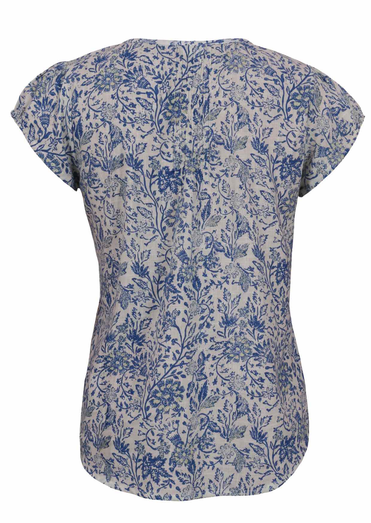 White based blue floral print cotton top with cap sleeves.
