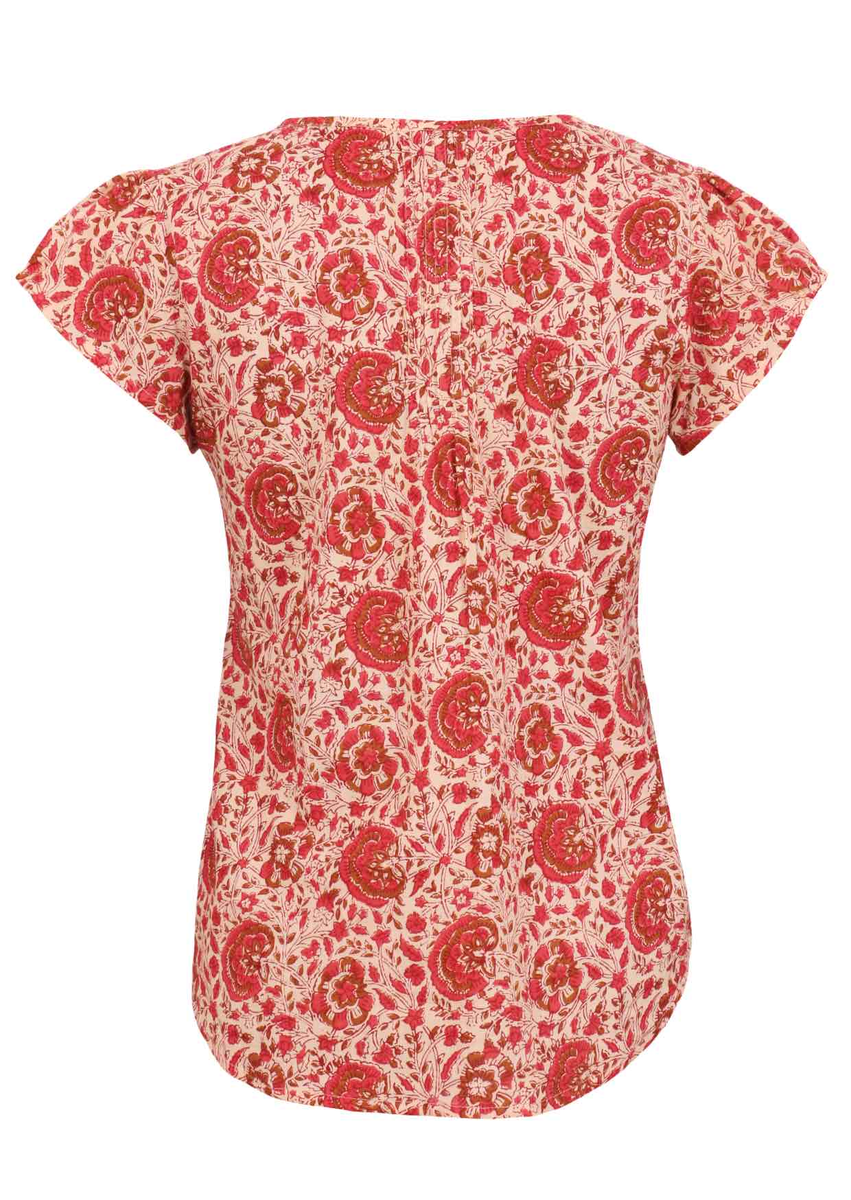 Back view of cream based warm floral print cotton top on a white background.