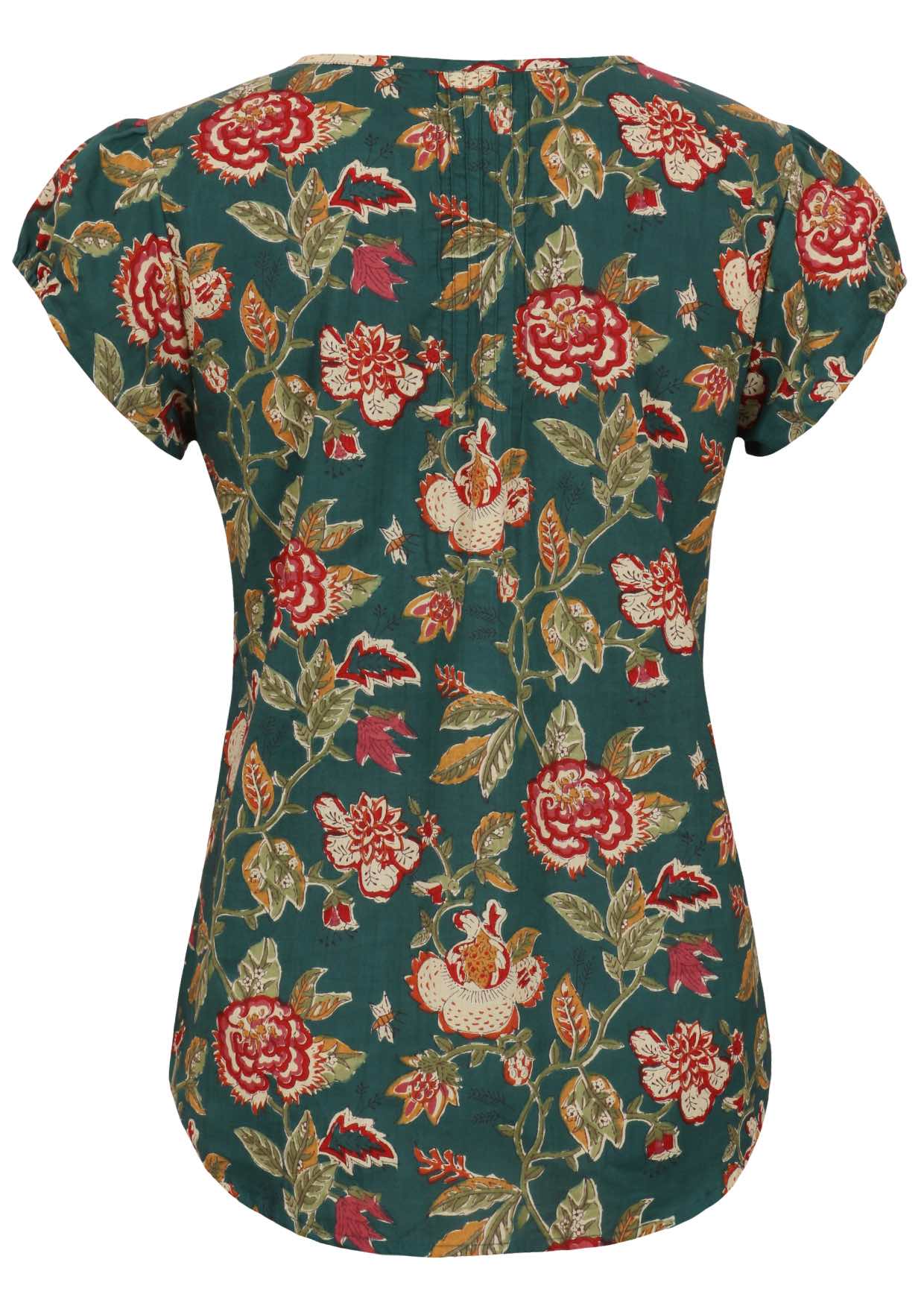 Back view of green based floral print cotton top on a white background.