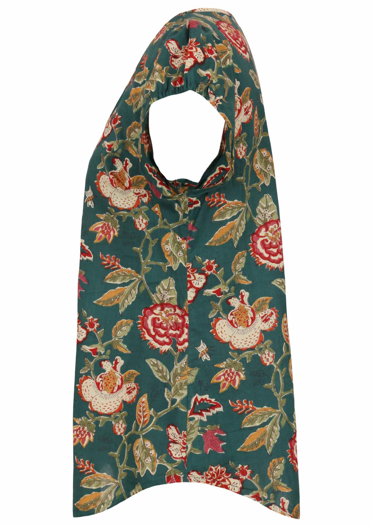 Side view of green based floral print cotton top with cap sleeves.