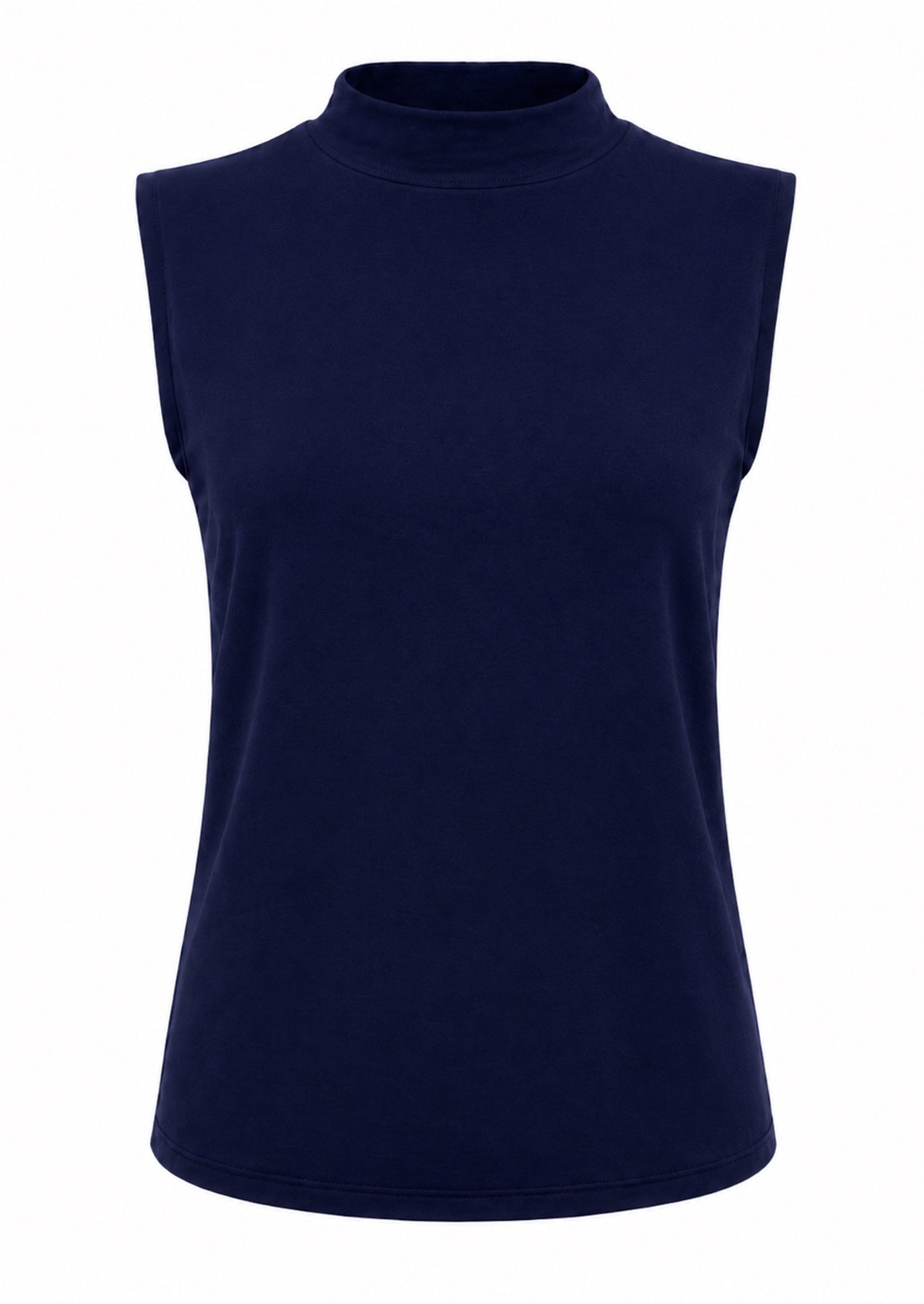 Navy blue mock turtleneck sleeveless soft stretch rayon top