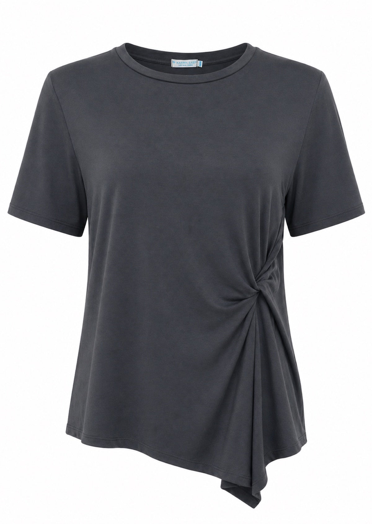 Dark grey short sleeve, crew-neck top with twist detail on one side of the front, made from soft, stretch rayon