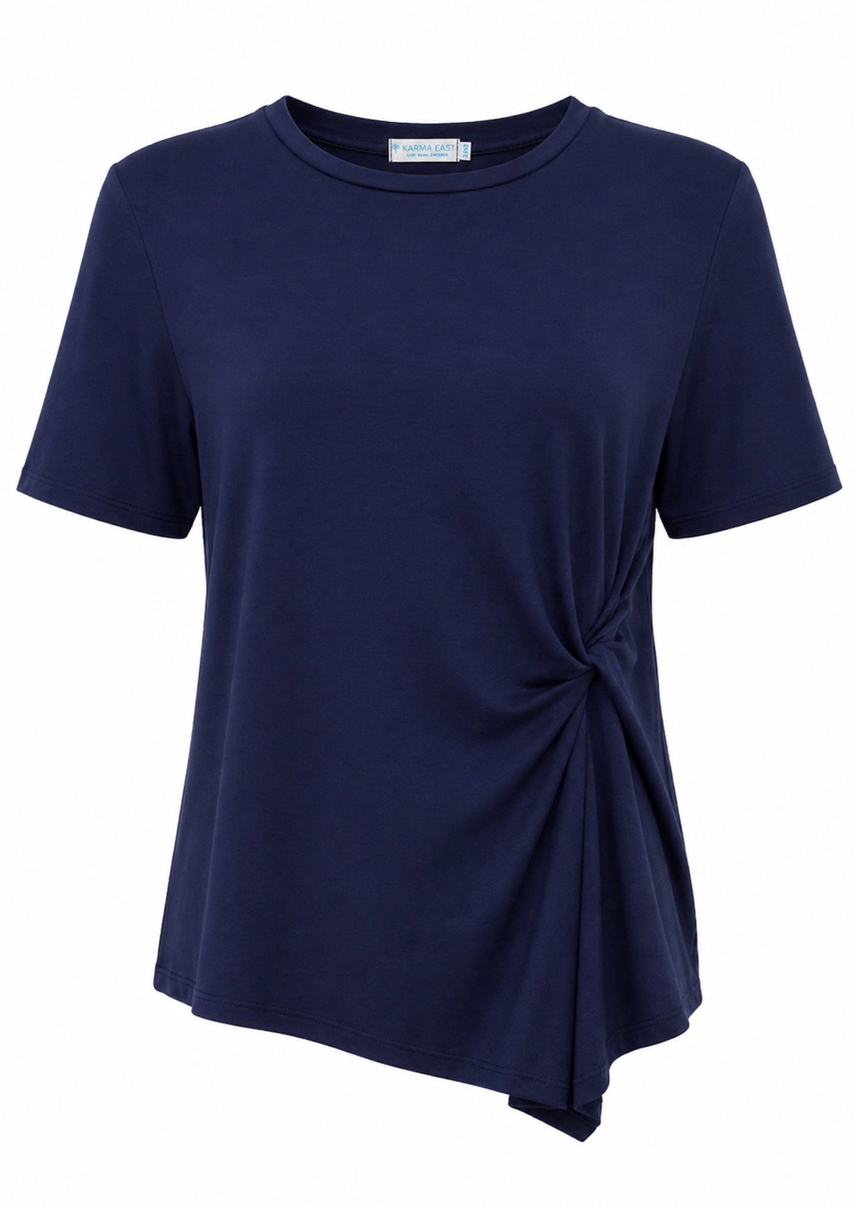 Navy blue short sleeve, crew-neck top with twist detail on one side of the front, made from soft, stretch rayon
