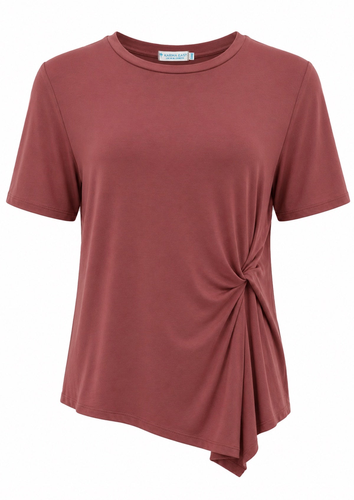 Terracotta short sleeve, crew-neck top with twist detail on one side of the front, made from soft, stretch rayon