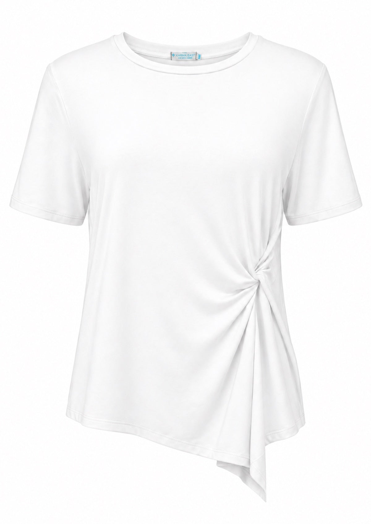 White short sleeve, crew-neck top with twist detail on one side of the front, made from soft, stretch rayon