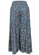 Cerulean blue based block style floral print rayon pant with elasticated smocked waistband.