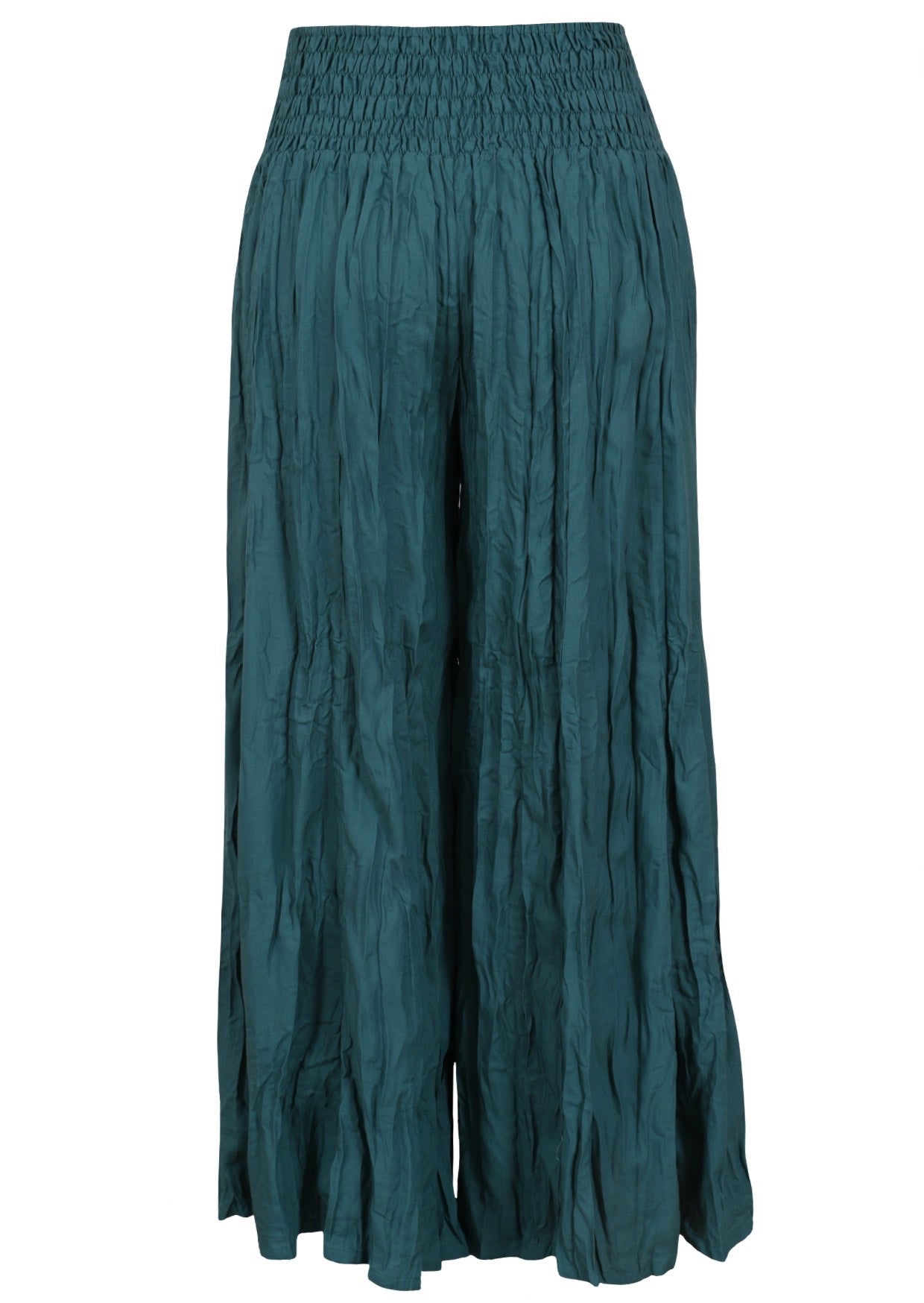 Back of teal wide leg woven rayon pants with a wide ruched waistband for extra comfort