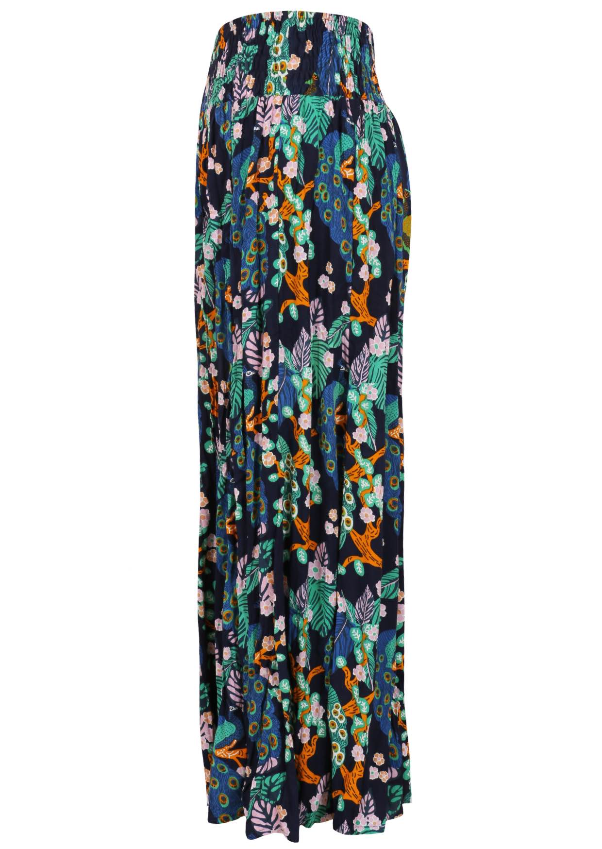 Side of wide leg rayon pants with a wide shirred waistband, in multicoloured floral and peacock print